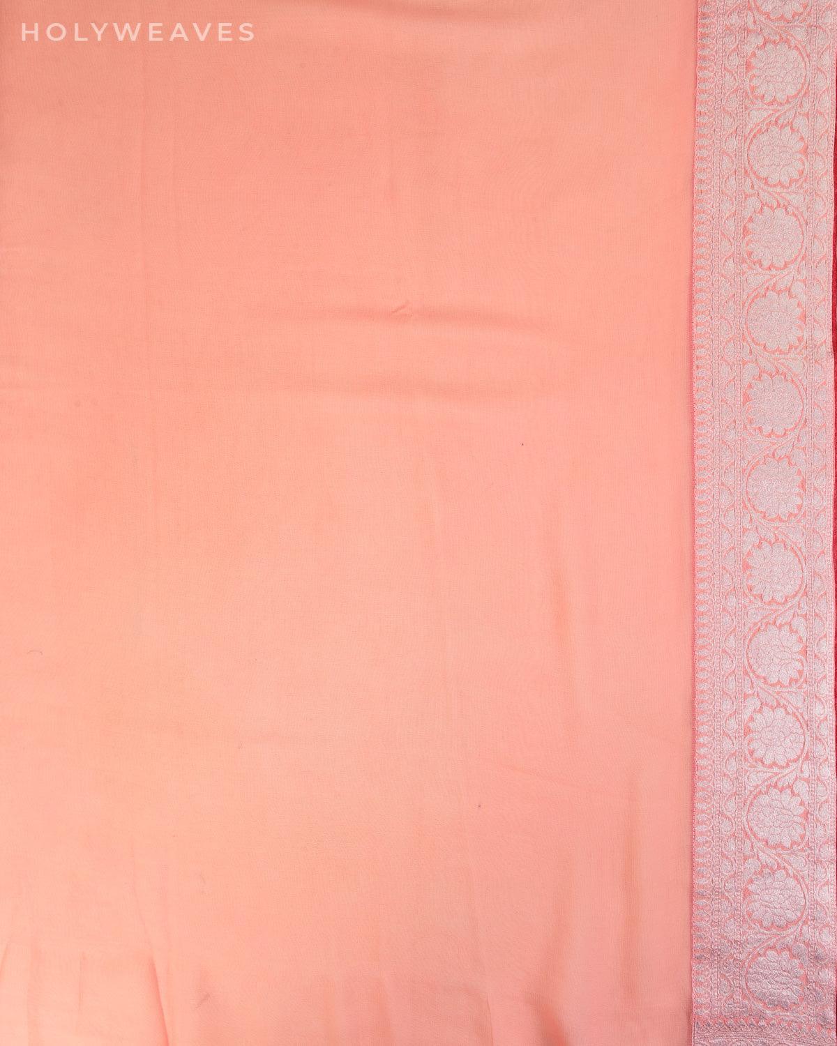 Peach Banarasi Silver Zari Cutwork Brocade Handwoven Khaddi Georgette Saree with Red Lining - By HolyWeaves, Benares