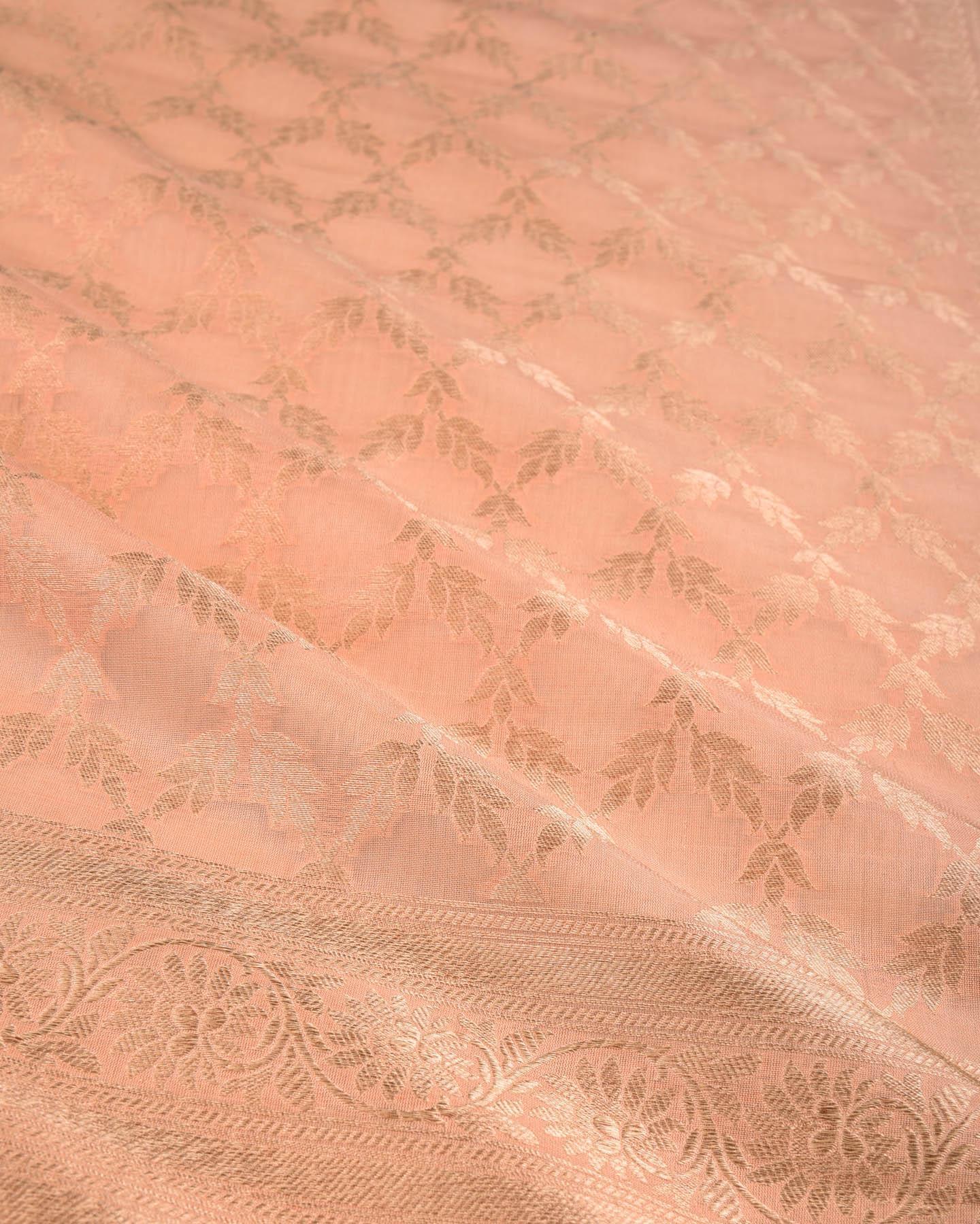 Peach Banarasi Soft Gold Zari Jangla Cutwork Brocade Handwoven Summer Silk Dupatta - By HolyWeaves, Benares