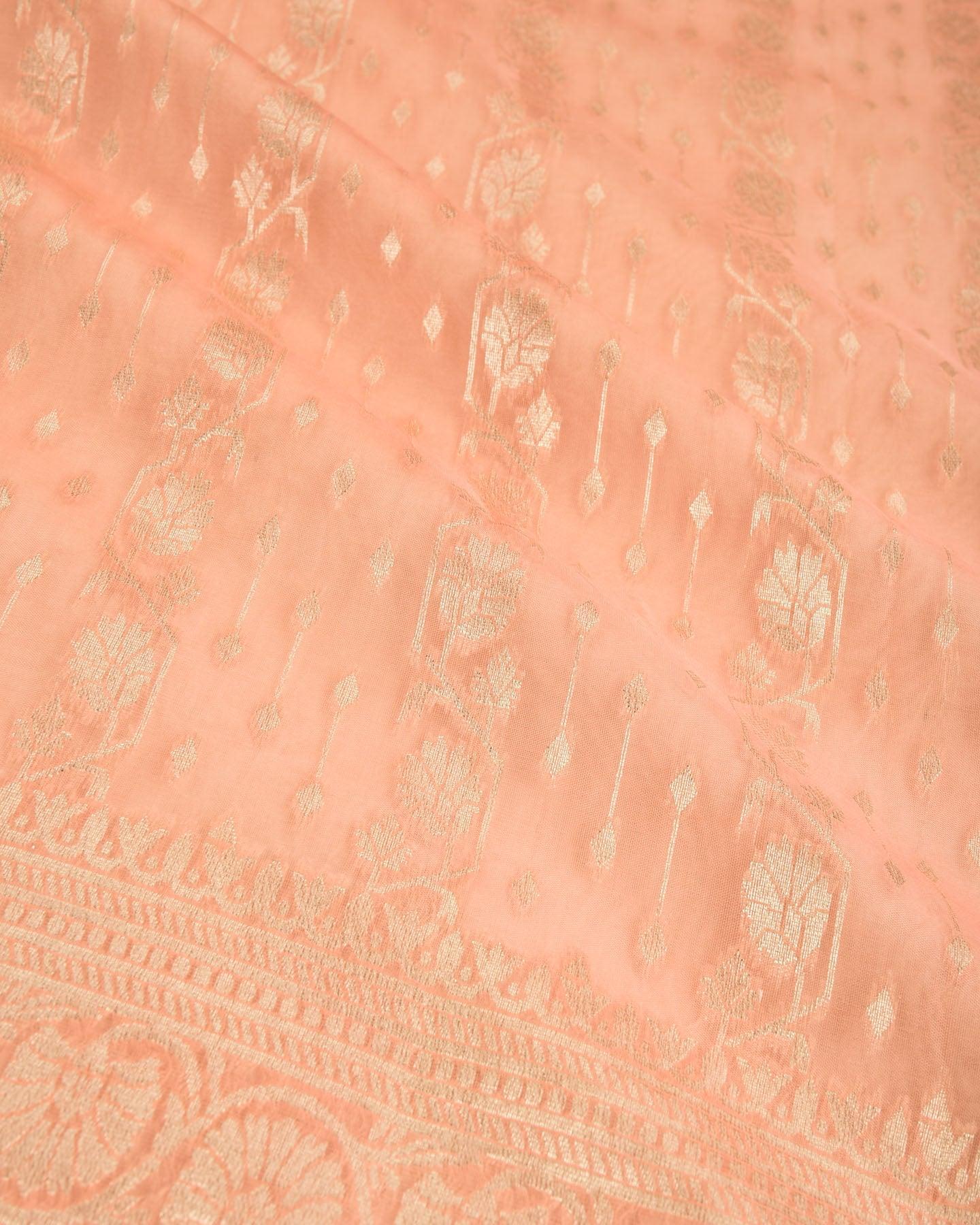 Peach Banarasi Sona Zari Cutwork Brocade Handwoven Kora Silk Saree - By HolyWeaves, Benares