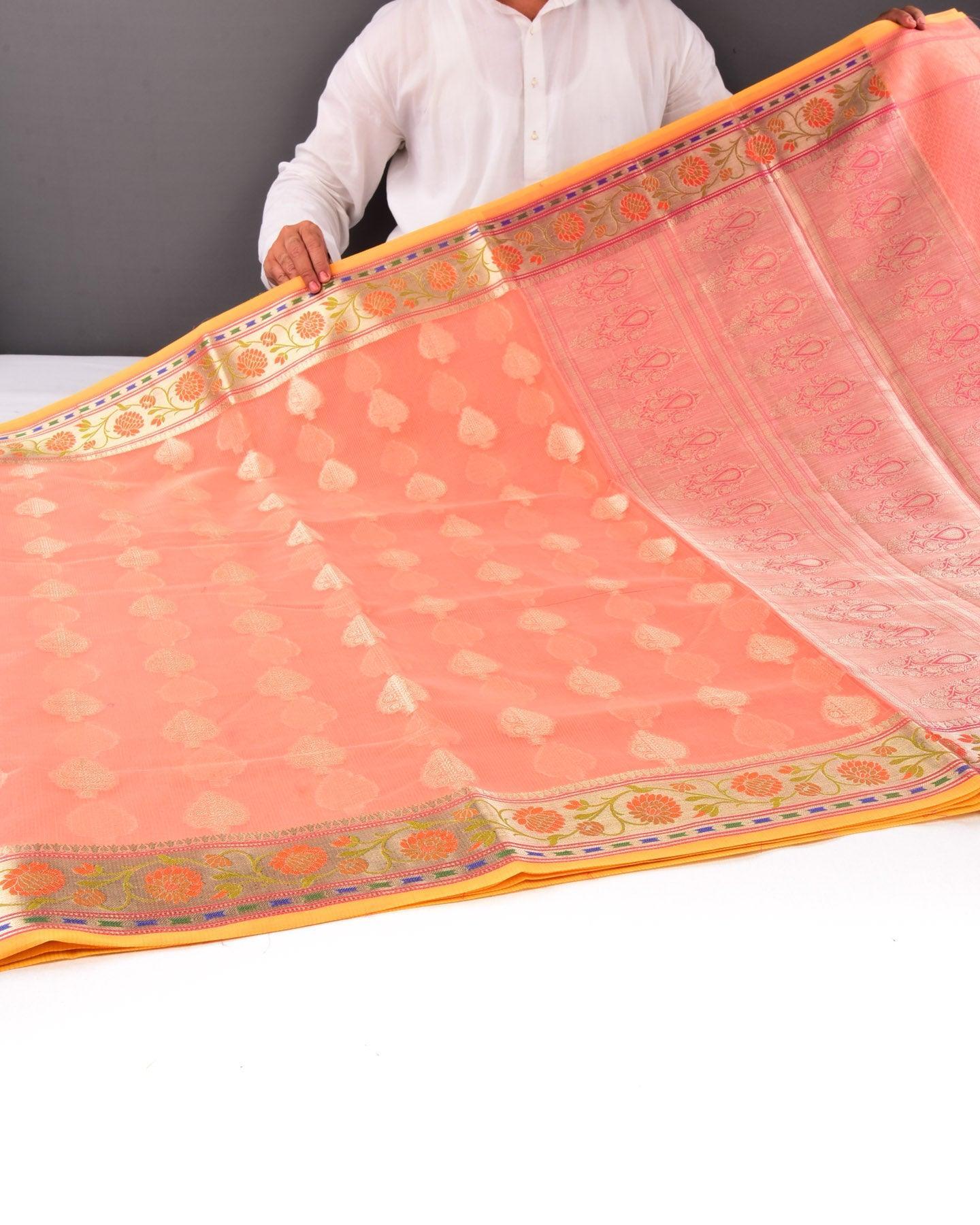Peach Banarasi Stripe Texture Weave Zari Buti Cutwork Brocade Woven Art Cotton Silk Saree with Meenekari Border - By HolyWeaves, Benares