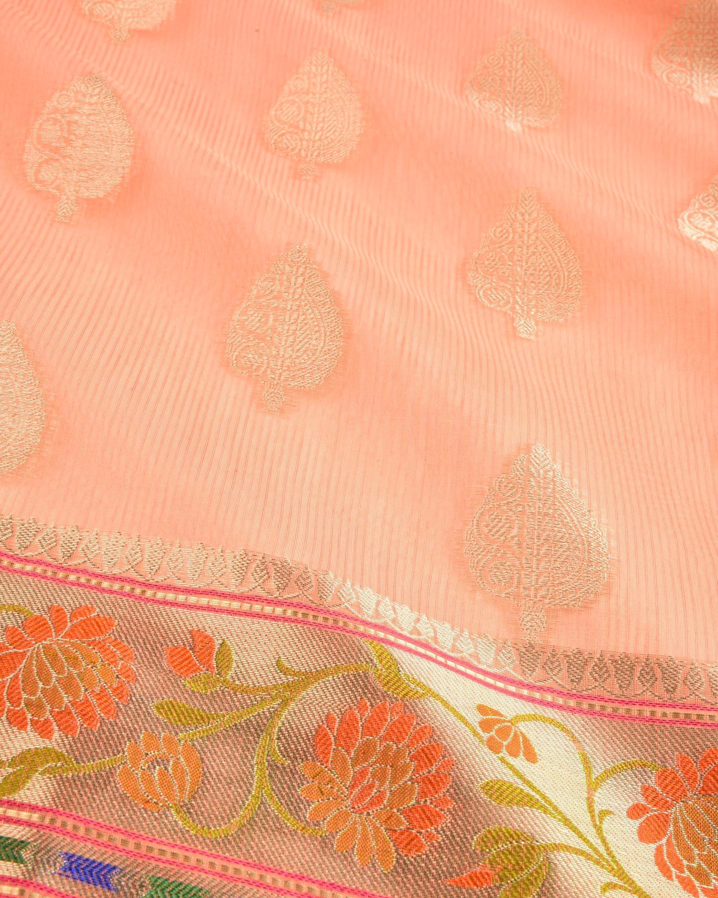 Peach Banarasi Stripe Texture Weave Zari Buti Cutwork Brocade Woven Art Cotton Silk Saree with Meenekari Border - By HolyWeaves, Benares