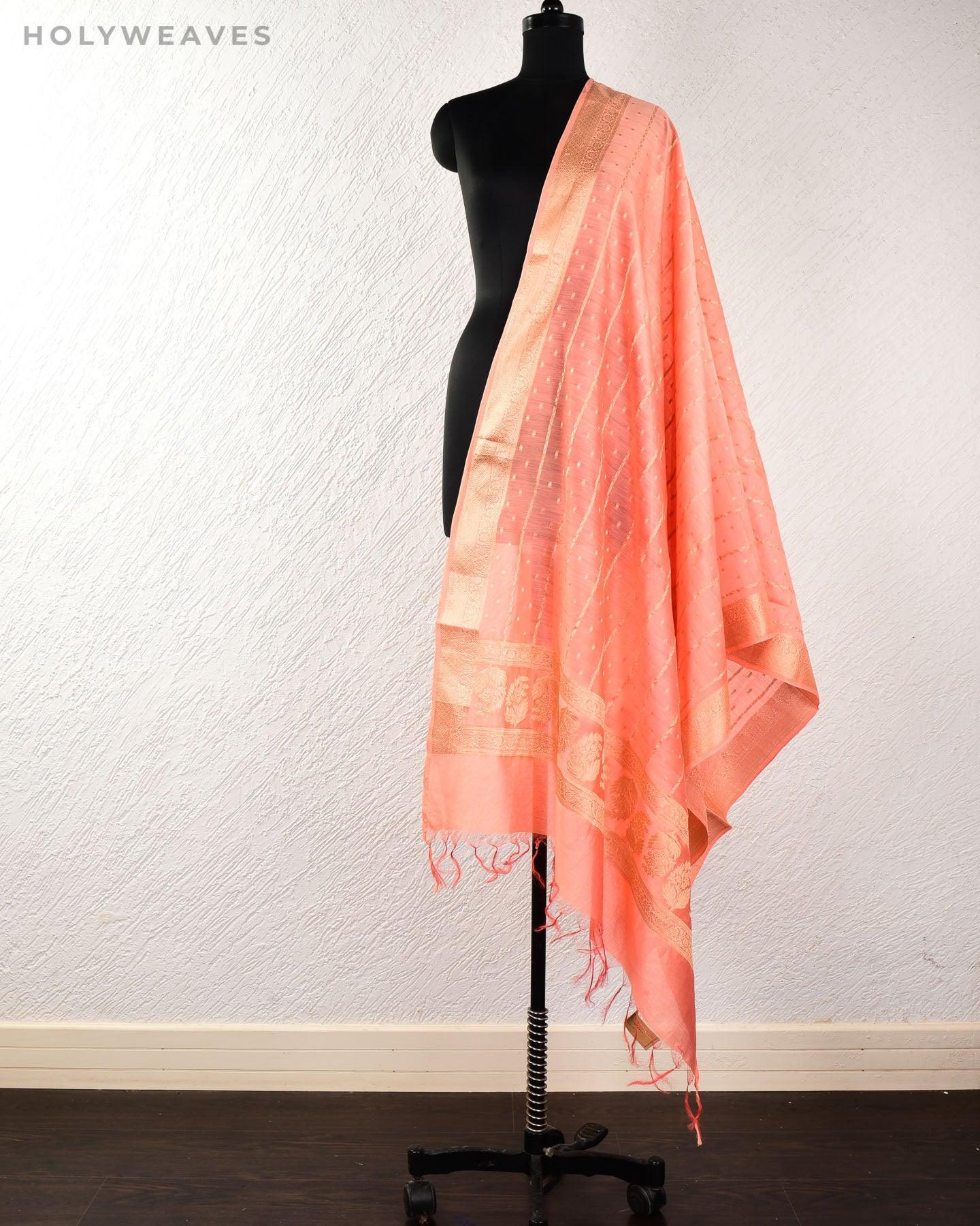Peach Banarasi Stripes & Dots Cutwork Brocade Woven Cotton Silk Dupatta - By HolyWeaves, Benares