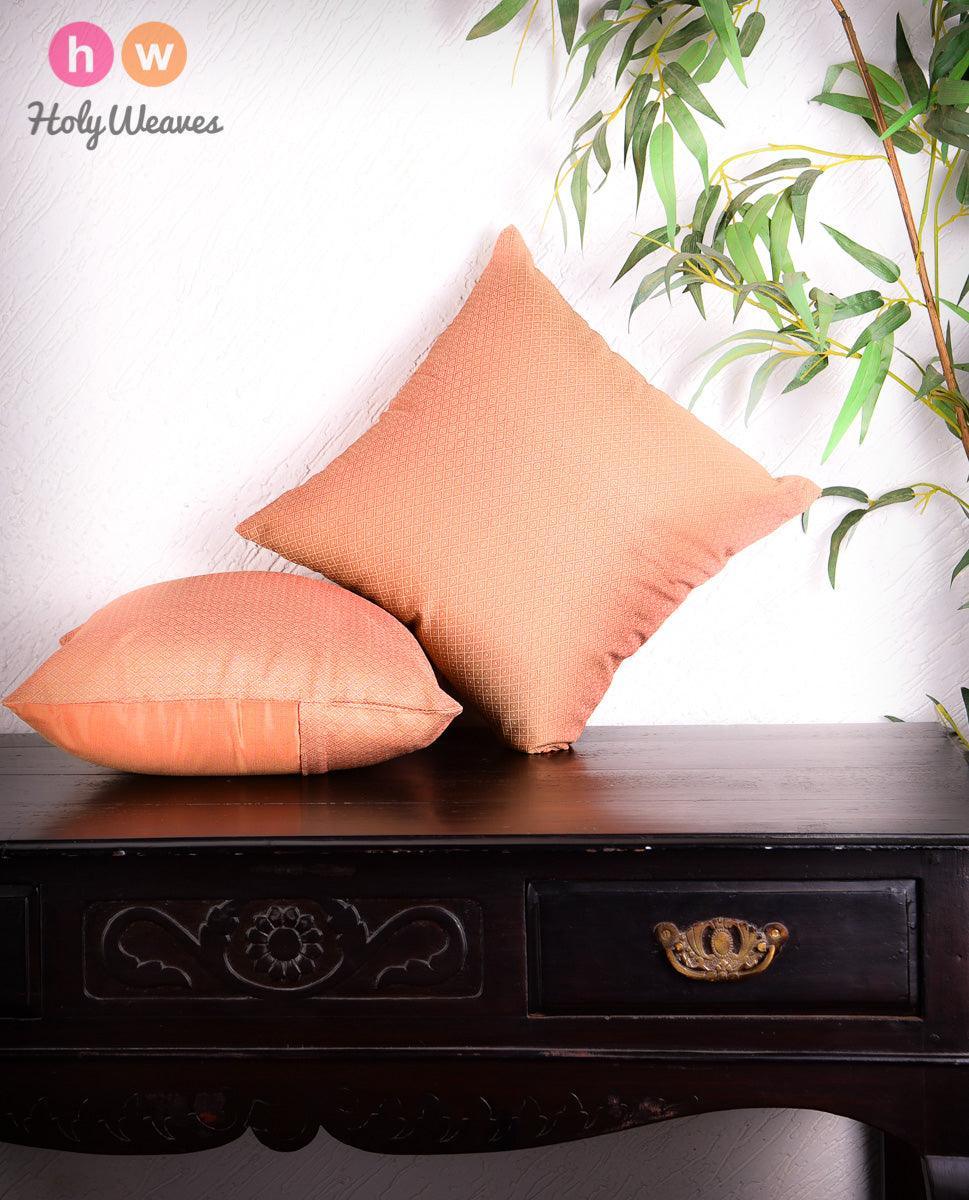 Peach Banarasi Tanchoi Cotton Silk Cushion Cover 16" - By HolyWeaves, Benares