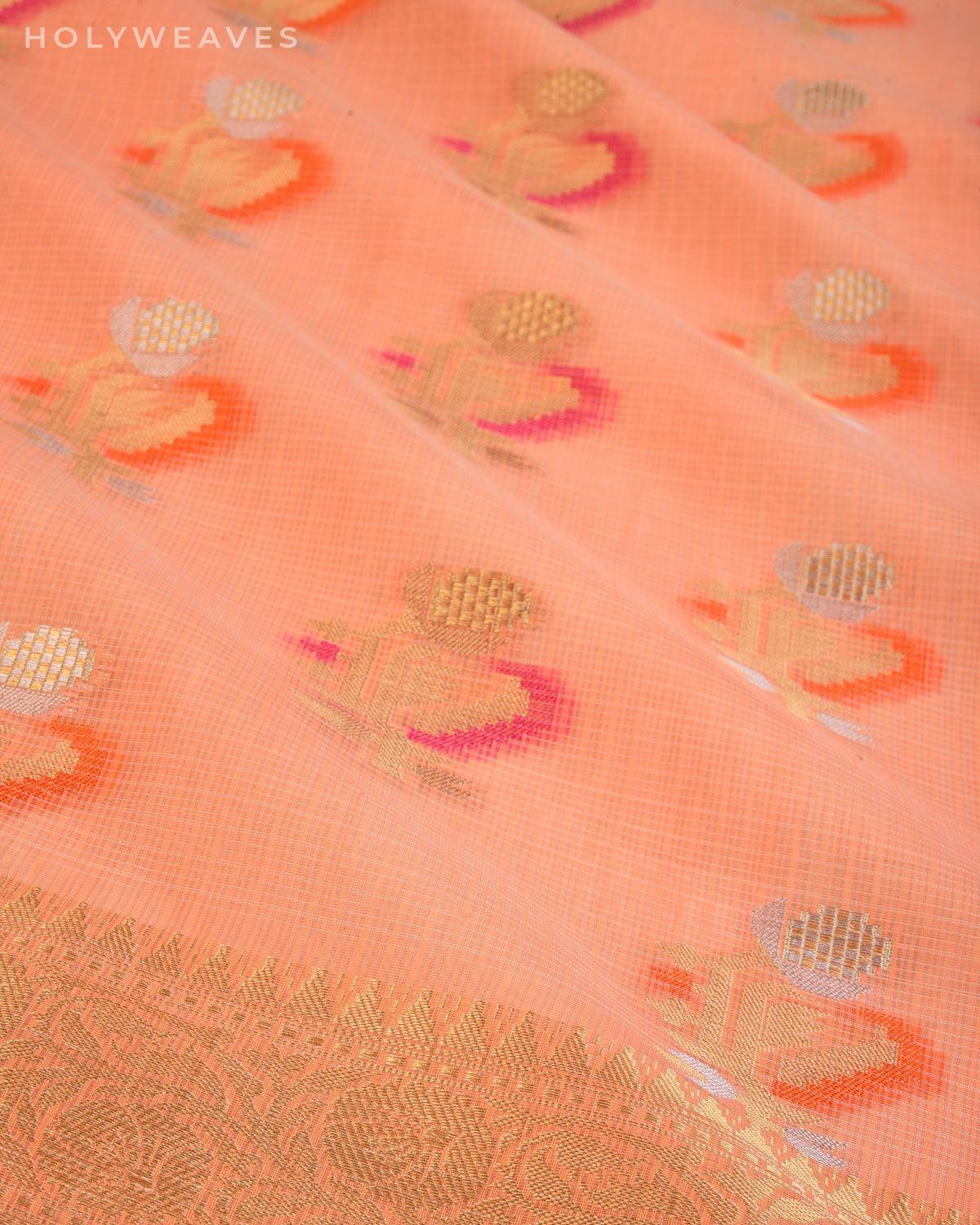 Peach Banarasi Tehra Buta Cutwork Brocade Woven Kota Cotton Saree - By HolyWeaves, Benares