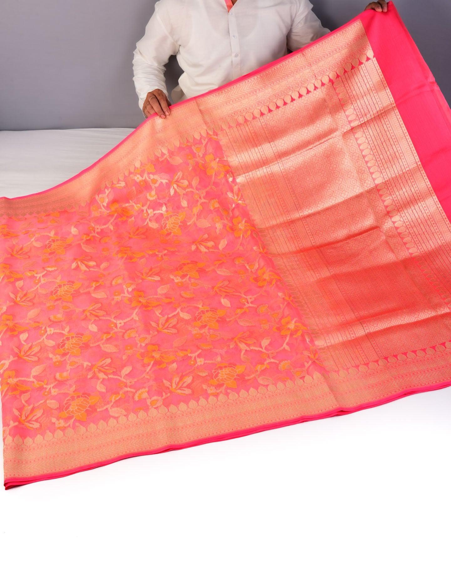 Peach Banarasi Tehra Floral Jaal Cutwork Brocade Handwoven Kora Silk Saree - By HolyWeaves, Benares