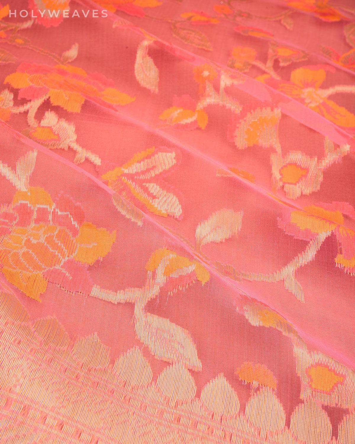 Peach Banarasi Tehra Floral Jaal Cutwork Brocade Handwoven Kora Silk Saree - By HolyWeaves, Benares