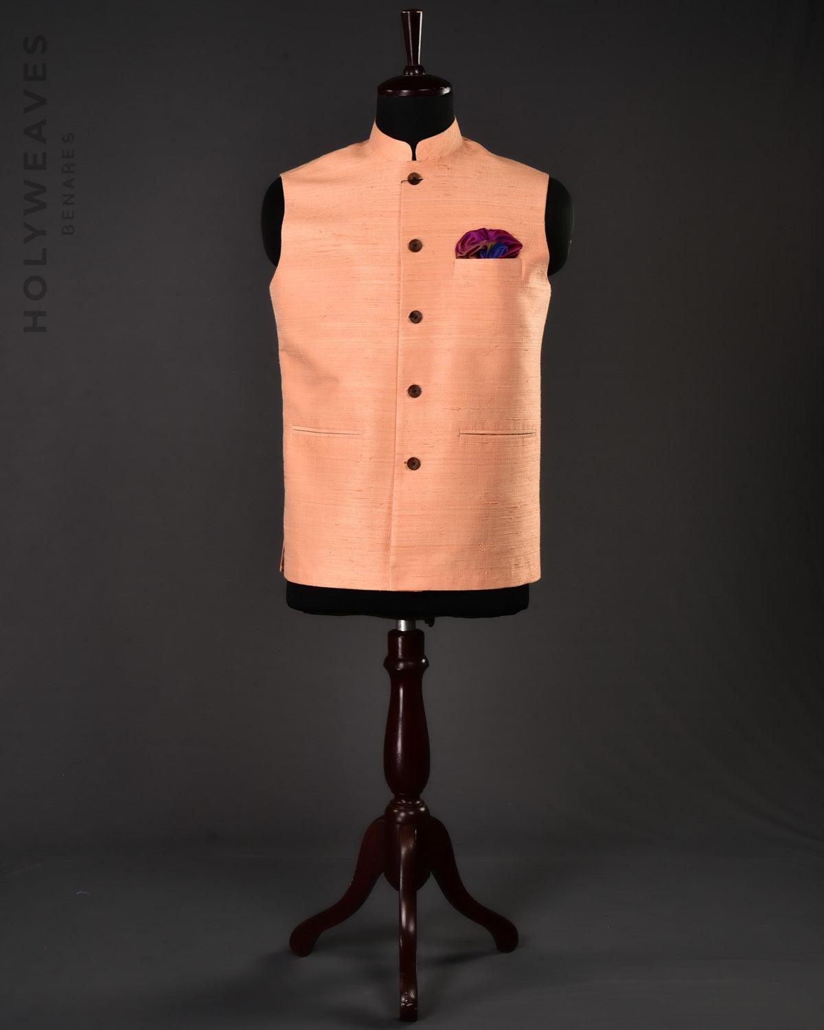 Peach Banarasi Textured Handwoven Raw Silk Mens Modi Jacket - By HolyWeaves, Benares