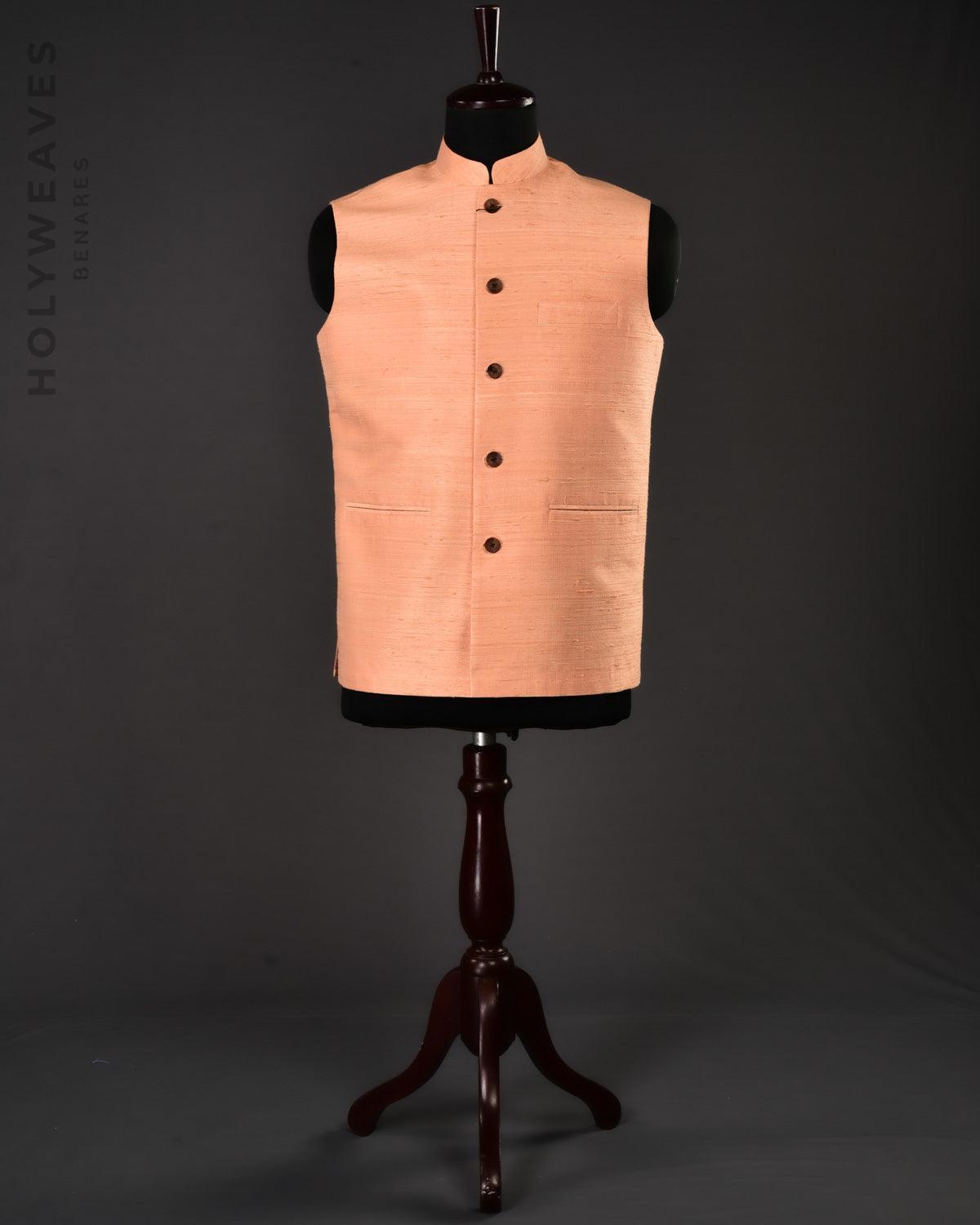Peach Banarasi Textured Handwoven Raw Silk Mens Modi Jacket - By HolyWeaves, Benares