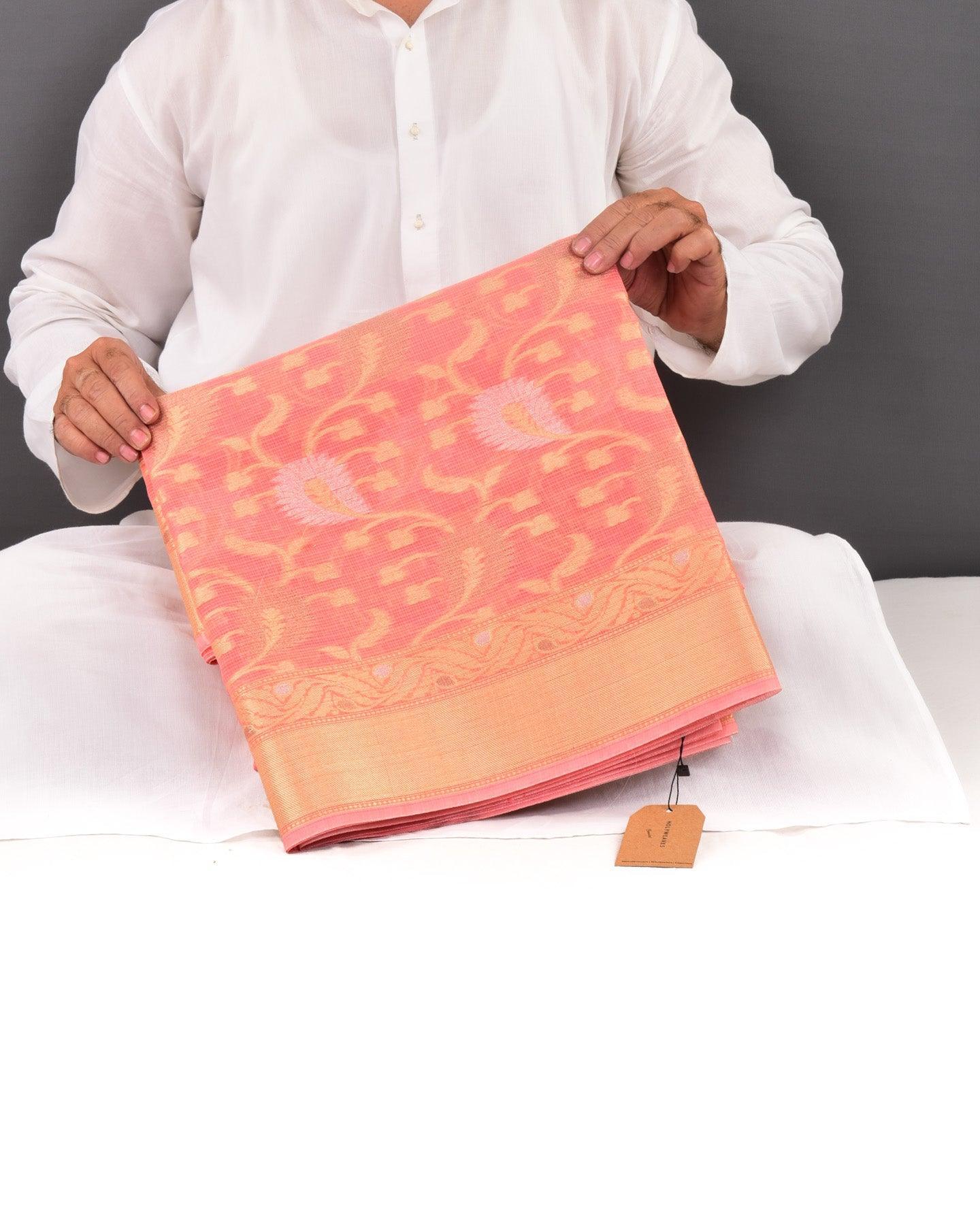Peach Banarasi Textured Weave Sona-Rupa Jaal Cutwork Brocade Woven Cotton Silk Saree - By HolyWeaves, Benares