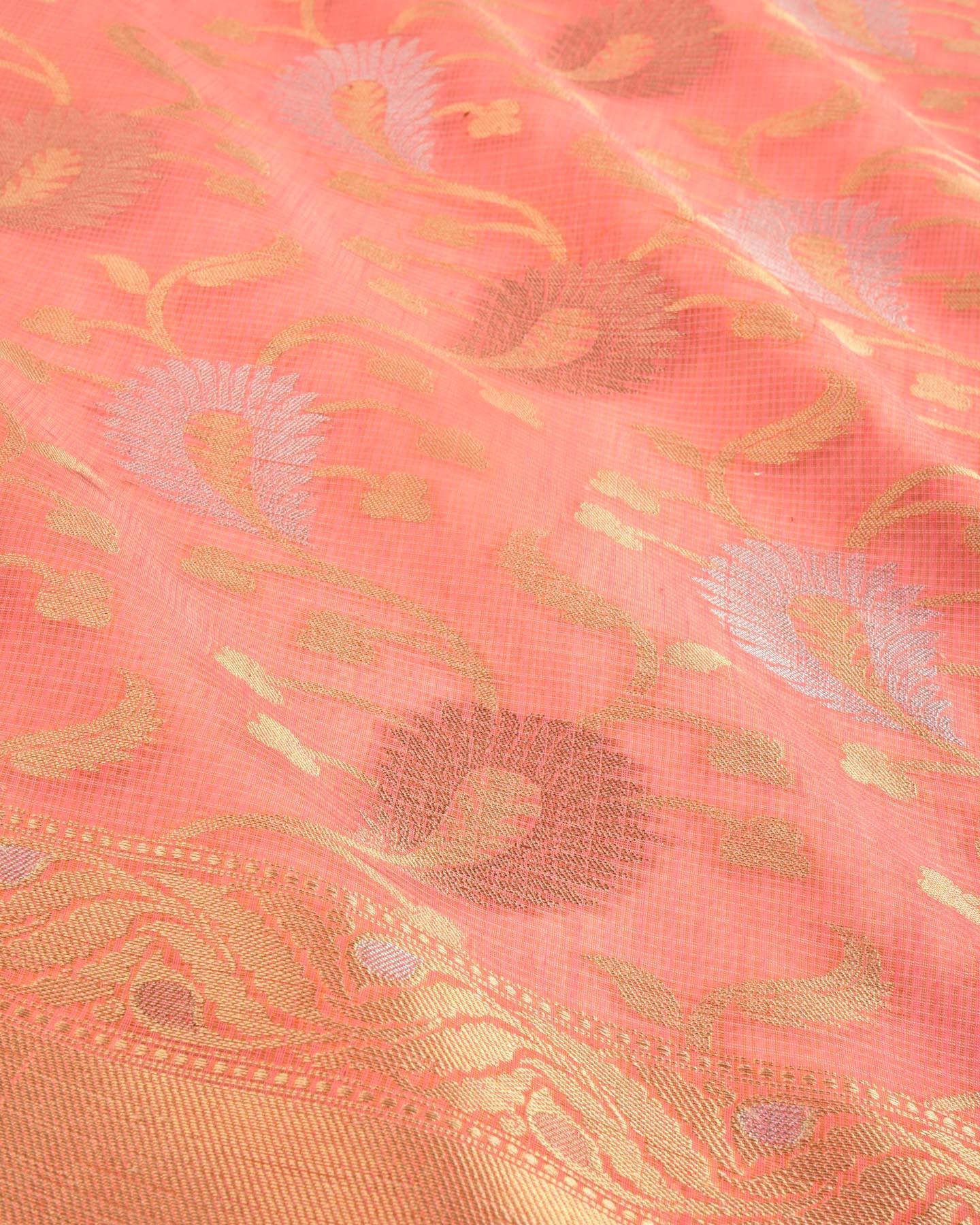 Peach Banarasi Textured Weave Sona-Rupa Jaal Cutwork Brocade Woven Cotton Silk Saree - By HolyWeaves, Benares