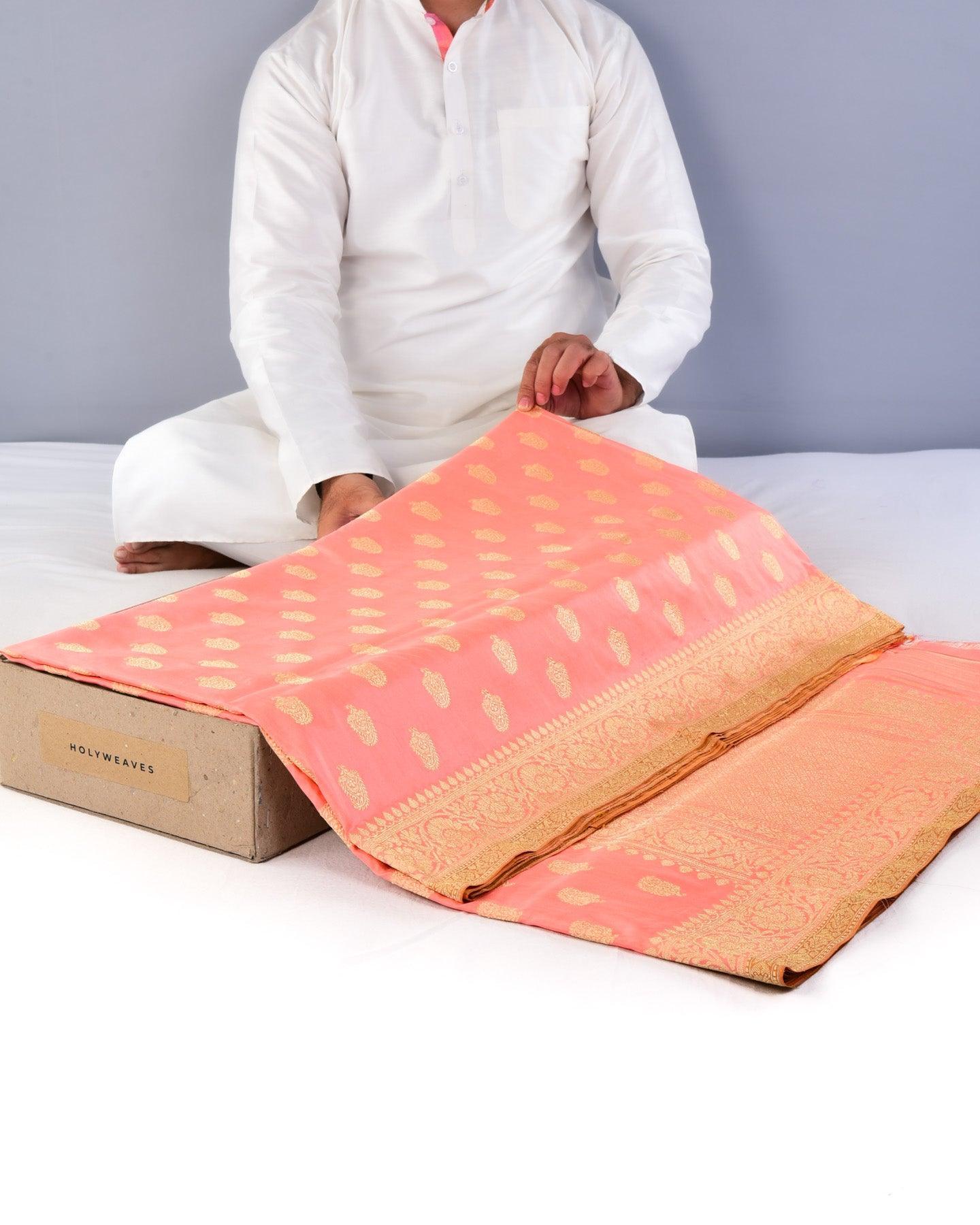 Peach Banarasi Traditional Kairi Buti Kadhuan Brocade Handwoven Katan Silk Saree - By HolyWeaves, Benares