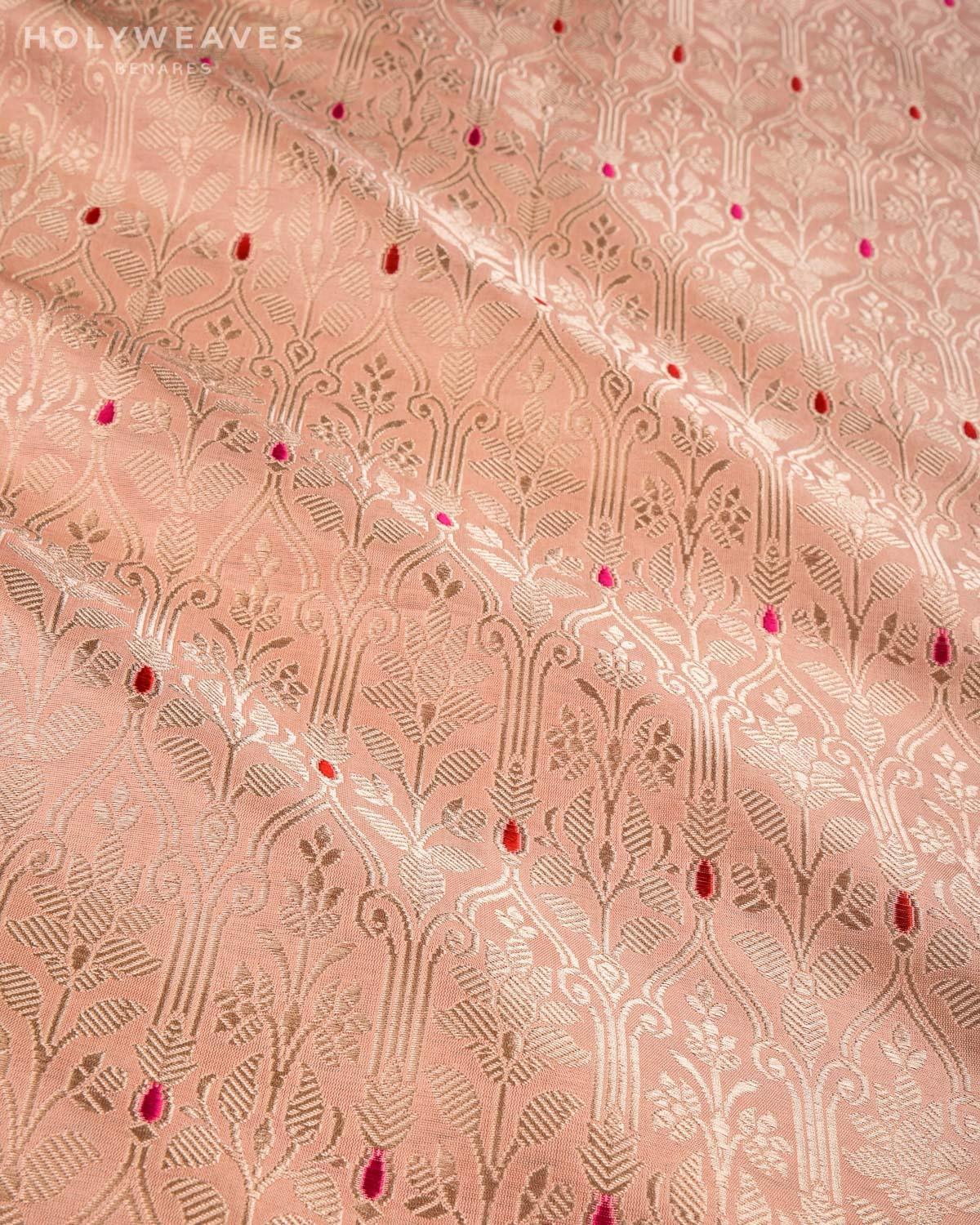 Peach Banarasi Traditional Zari Damask Brocade Handwoven Katan Silk Fabric with Red Meena - By HolyWeaves, Benares