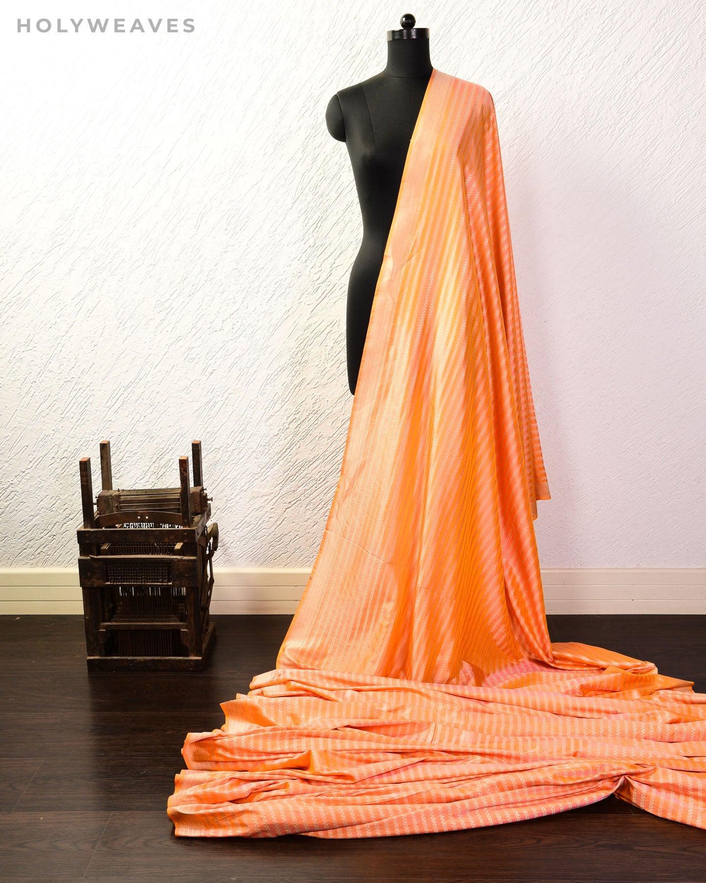 Peach Banarasi Zari Stripes Cutwork Brocade Handwoven Katan Silk Fabric - By HolyWeaves, Benares