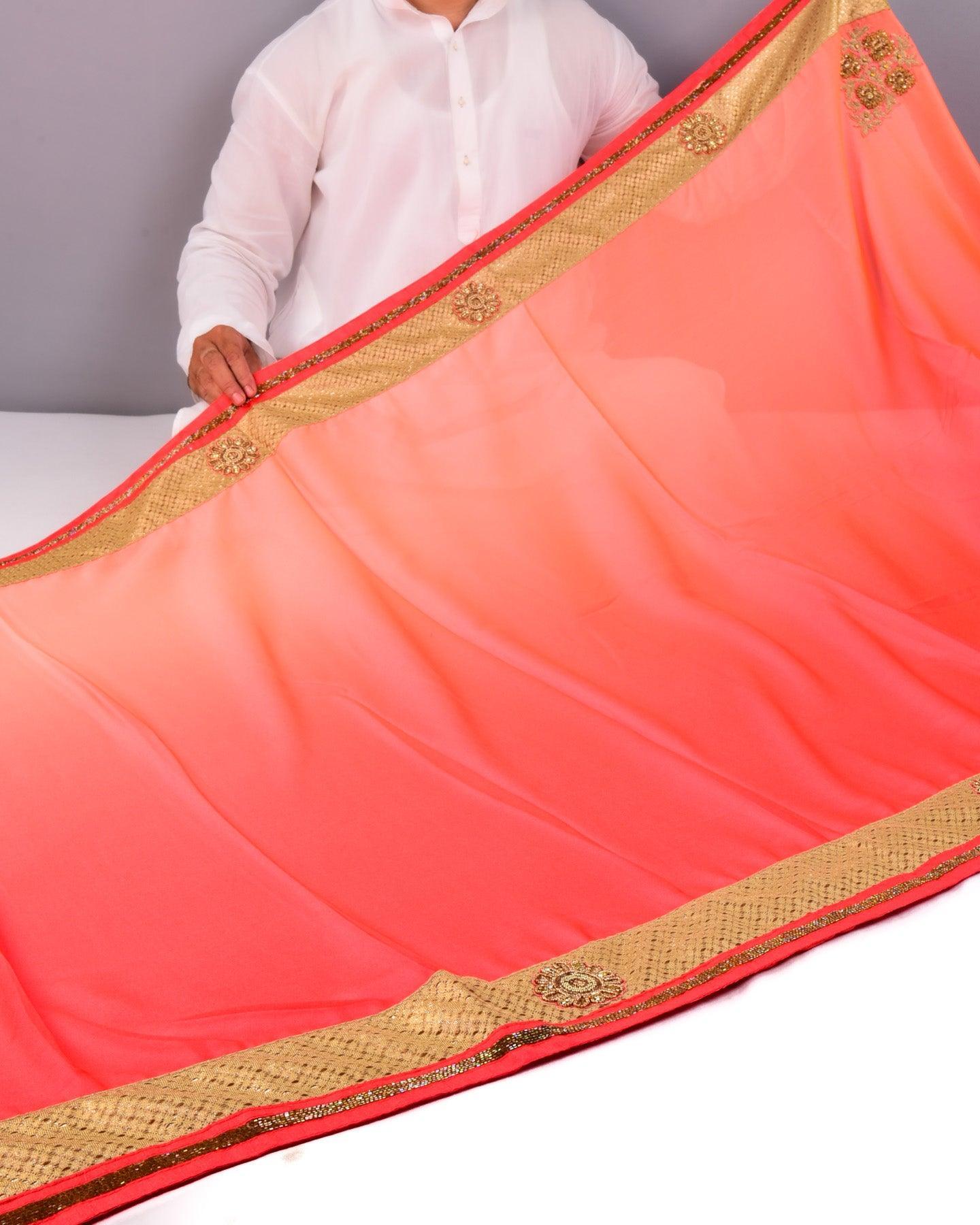 Peach Georgette Embroidered Saree - By HolyWeaves, Benares
