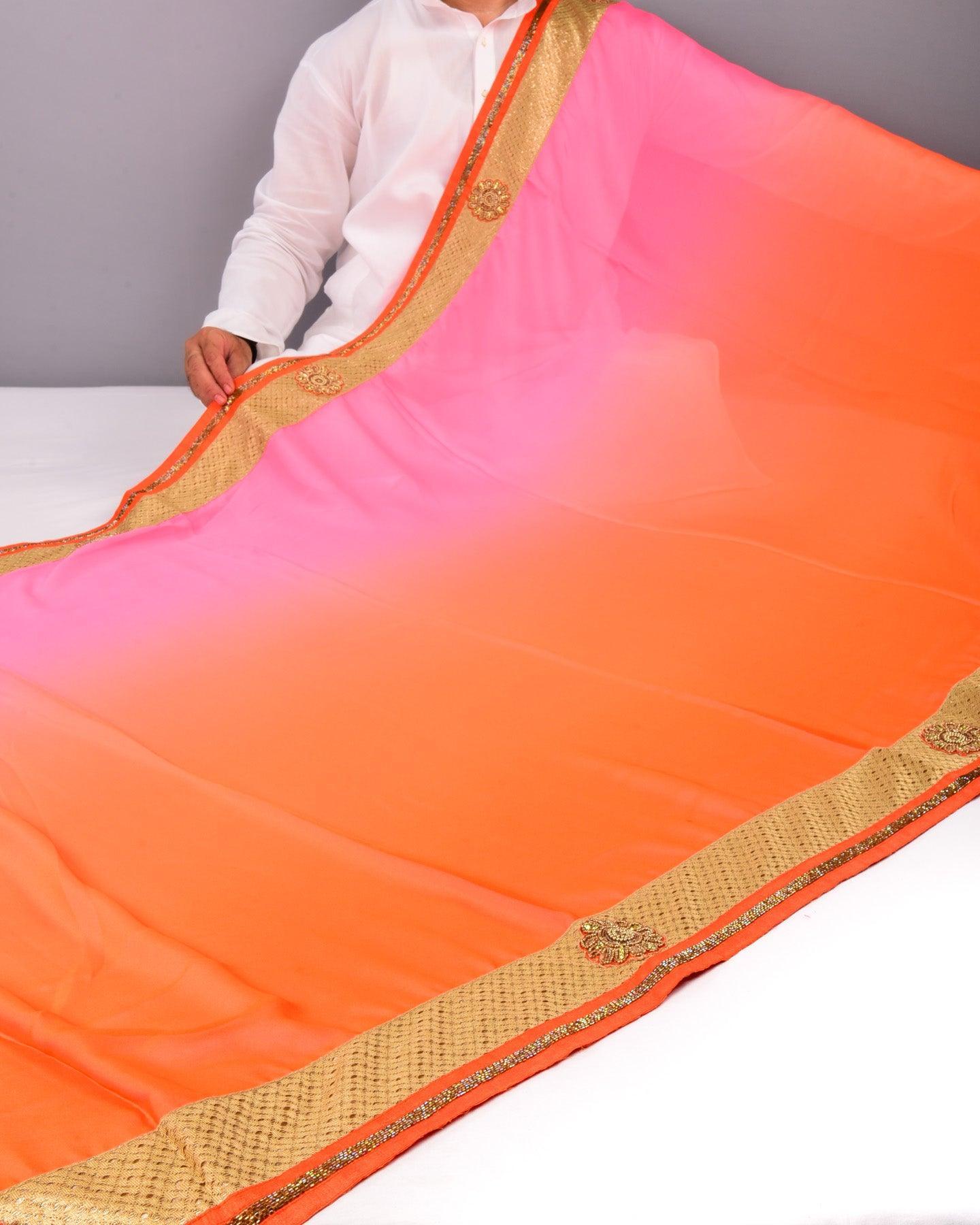 Peach-Orange Georgette Embroidered Saree - By HolyWeaves, Benares