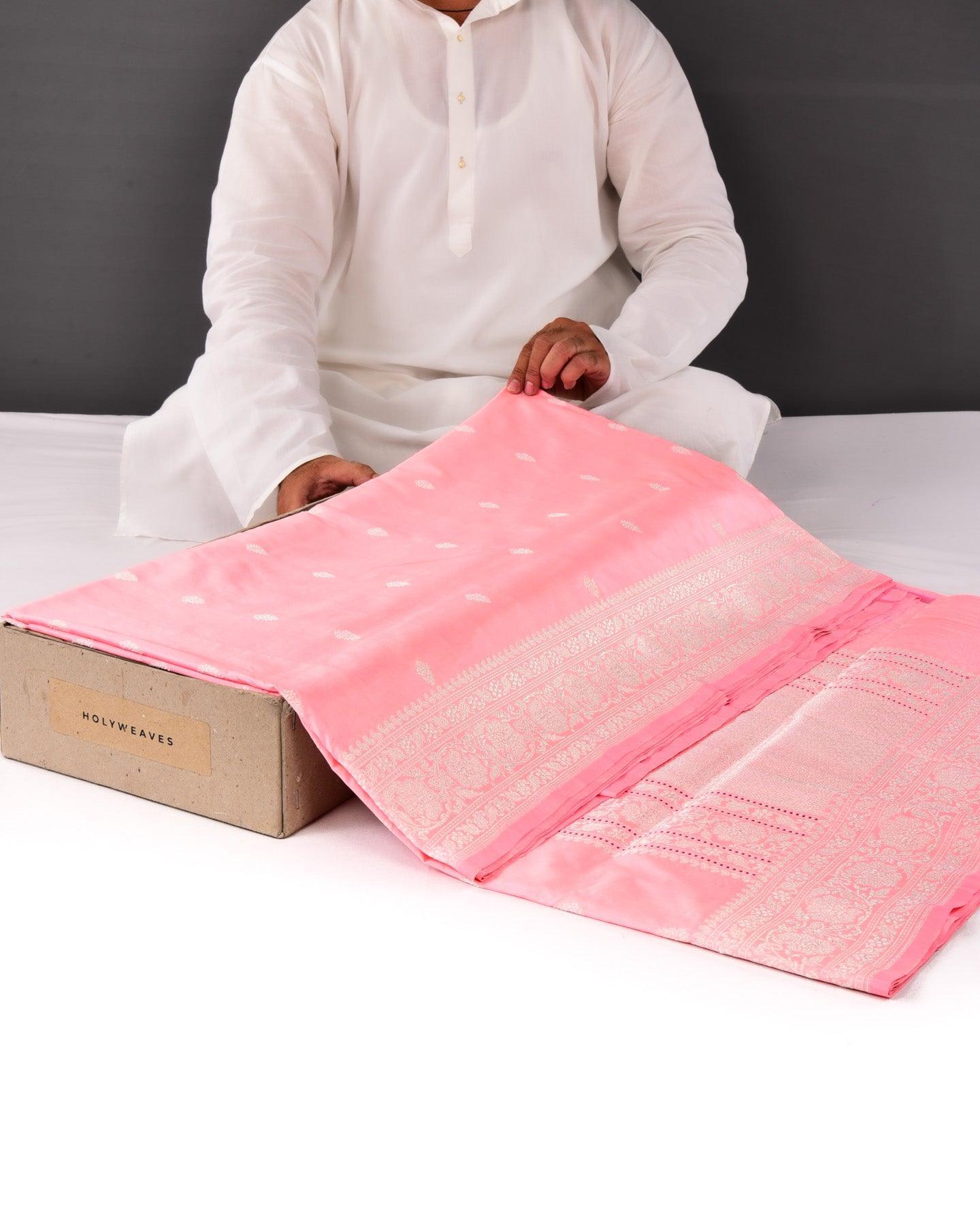 Peach Pink Banarasi Silver Zari Buti Kadhuan Brocade Handwoven Katan Silk Saree - By HolyWeaves, Benares