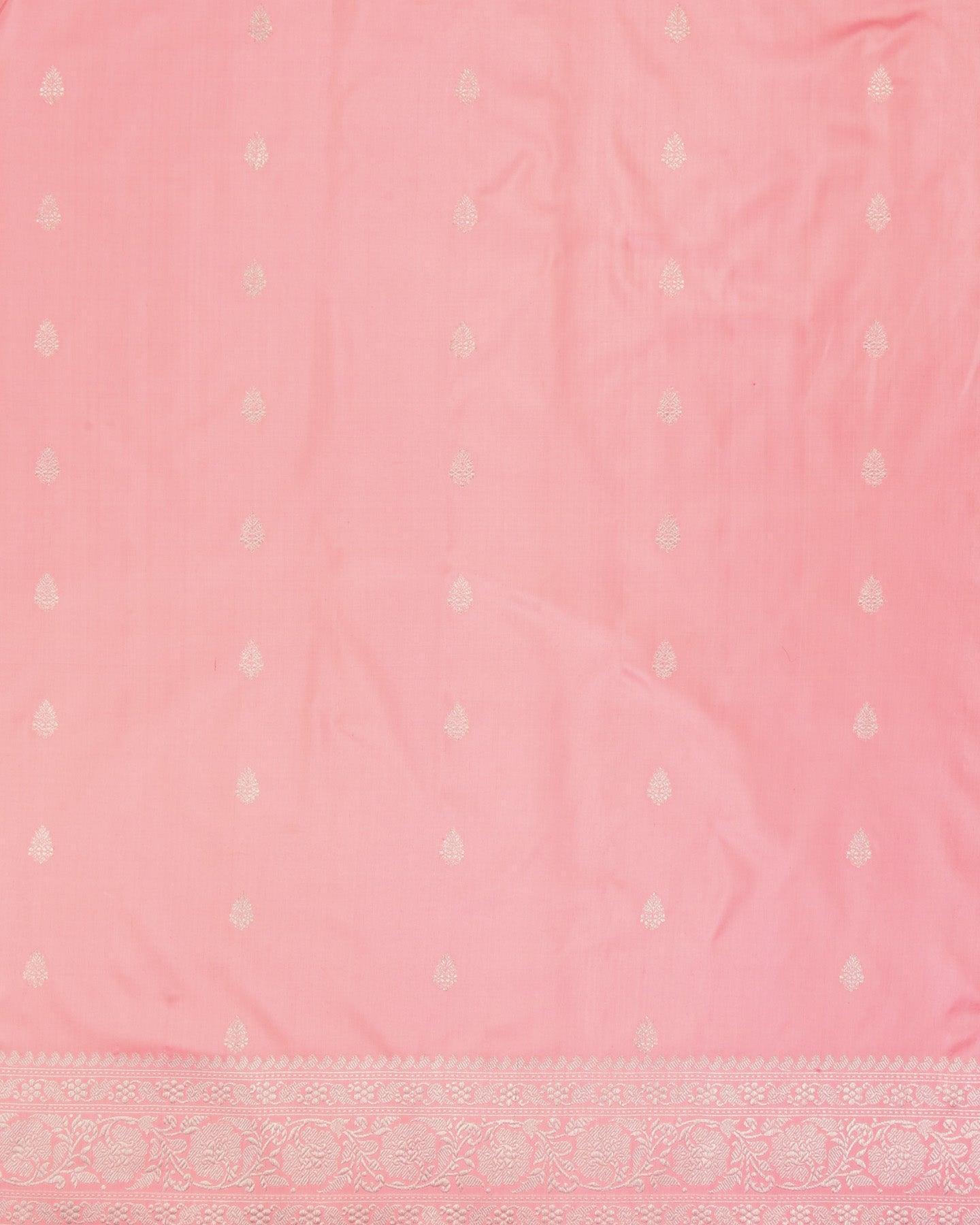 Peach Pink Banarasi Silver Zari Buti Kadhuan Brocade Handwoven Katan Silk Saree - By HolyWeaves, Benares