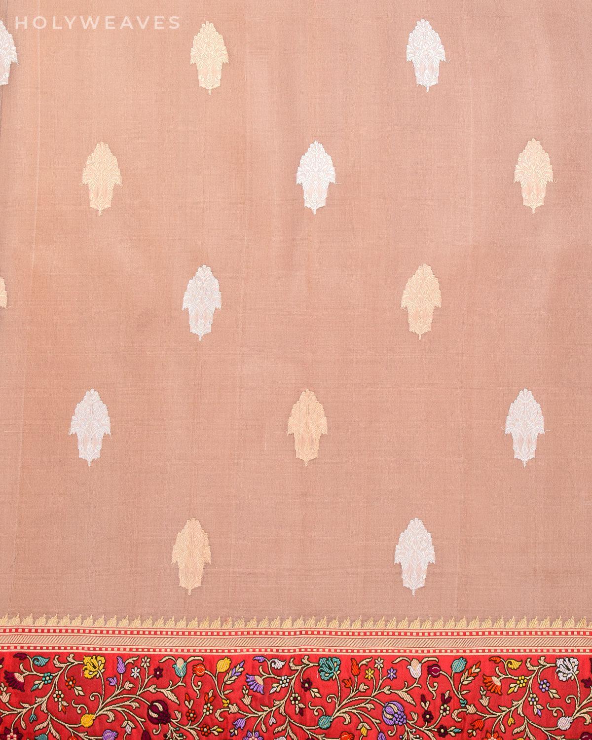 Peach Sona Rupa Banarasi Buti Kadhuan Brocade Handwoven Kora Silk Saree with Meenekari Border Pallu - By HolyWeaves, Benares