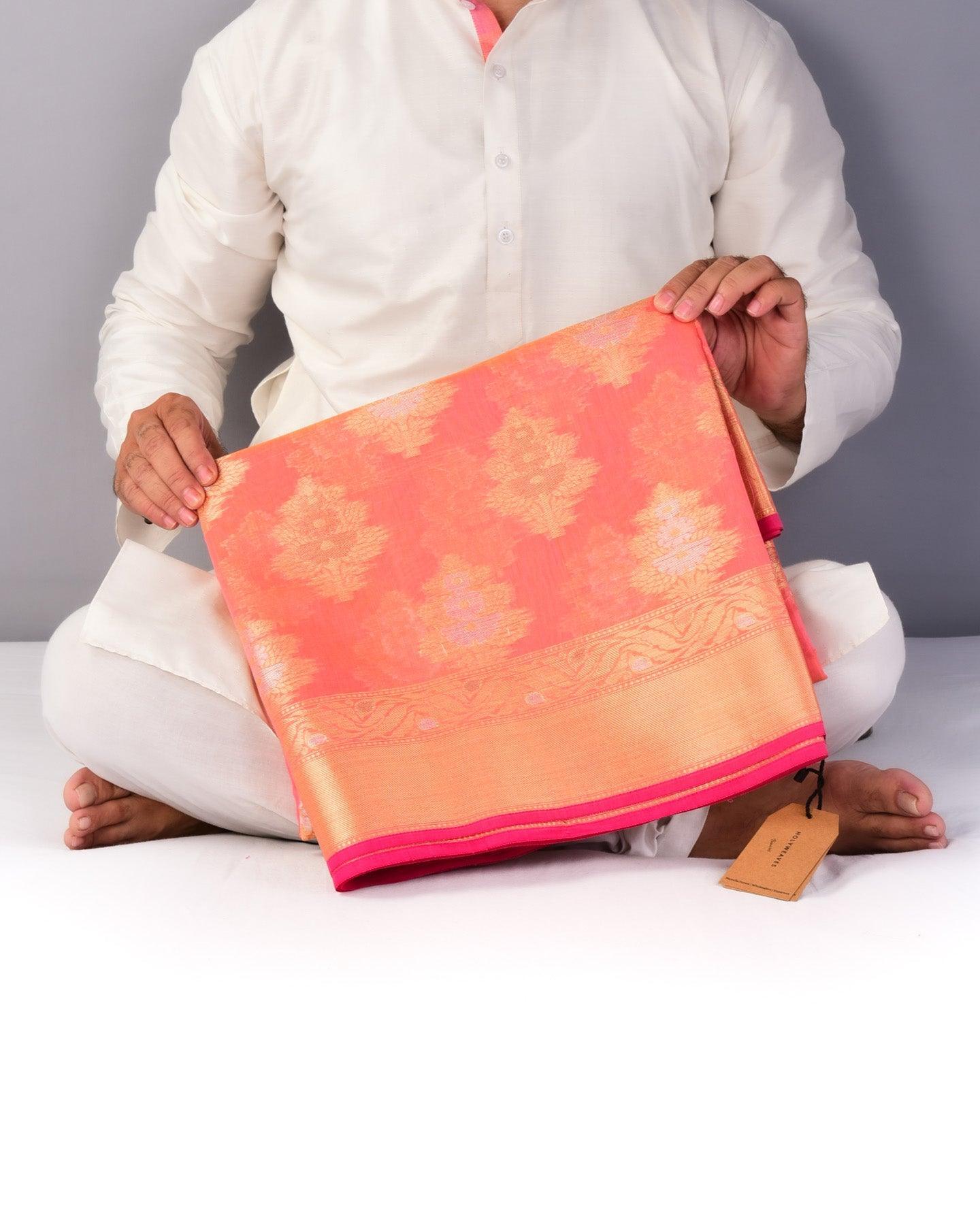 Pink Banarasi 3-Color Zari Cutwork Brocade Woven Cotton Silk Saree - By HolyWeaves, Benares
