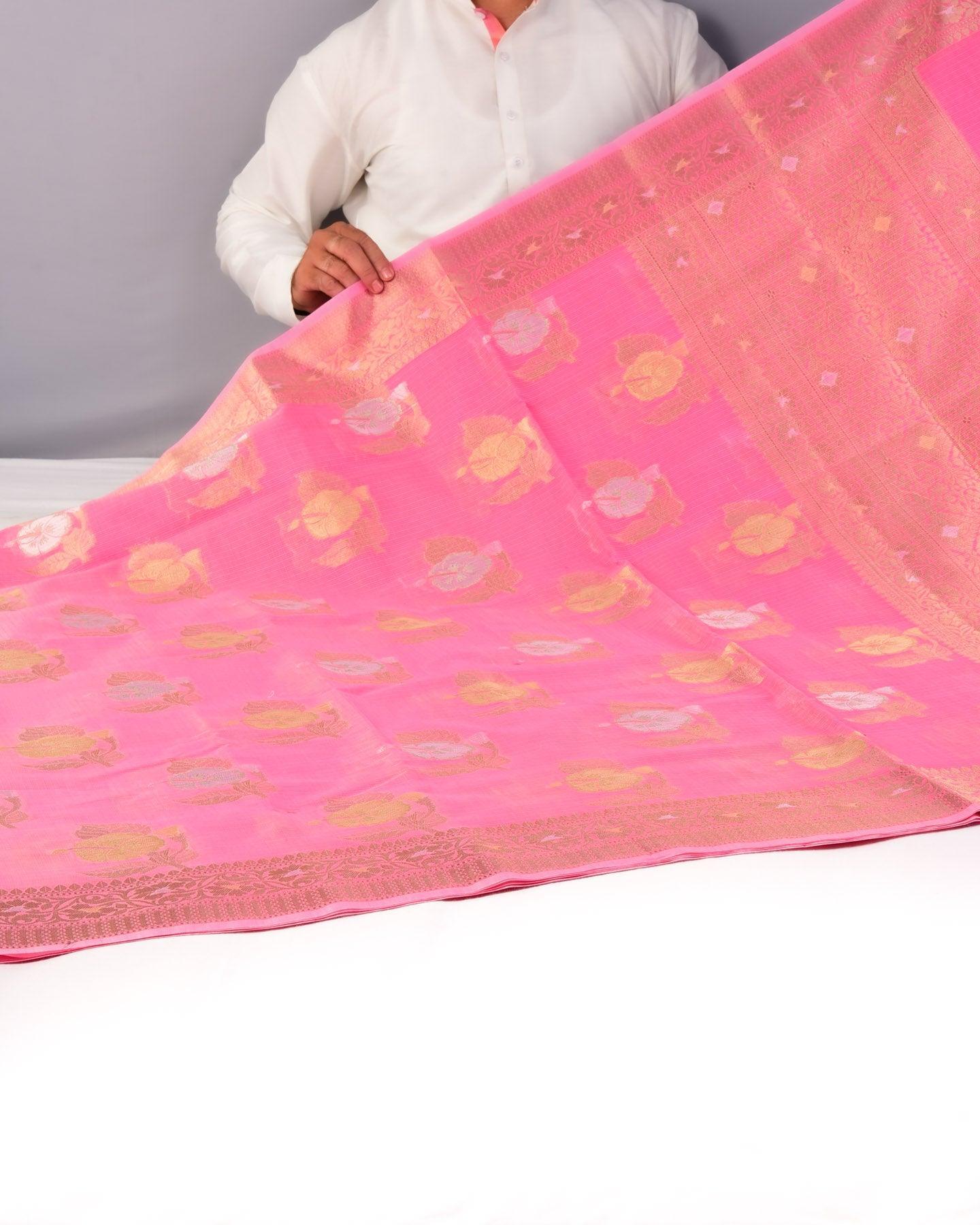 Pink Banarasi Alfi Buti Cutwork Brocade Woven Kota Cotton Saree - By HolyWeaves, Benares