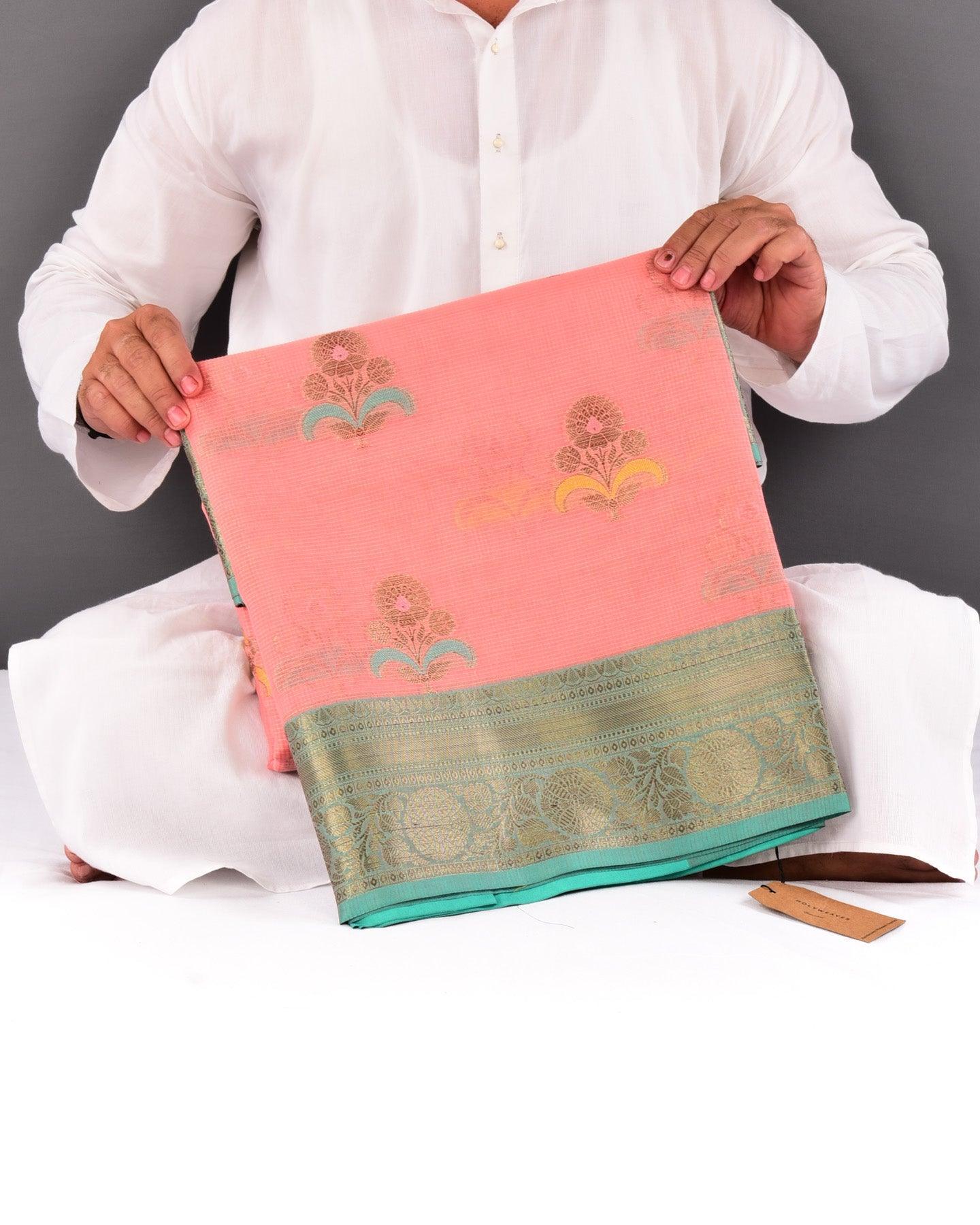 Pink Banarasi Check Texture Antique Zari Buta Cutwork Brocade Woven Cotton Silk Saree with Contrast Green Border Pallu - By HolyWeaves, Benares