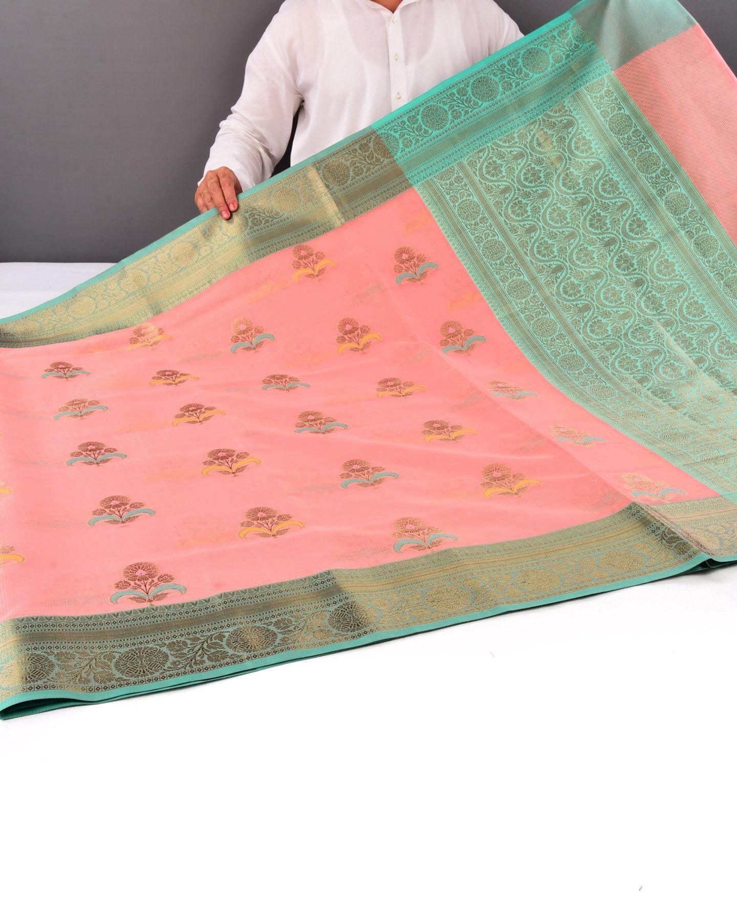 Pink Banarasi Check Texture Antique Zari Buta Cutwork Brocade Woven Cotton Silk Saree with Contrast Green Border Pallu - By HolyWeaves, Benares