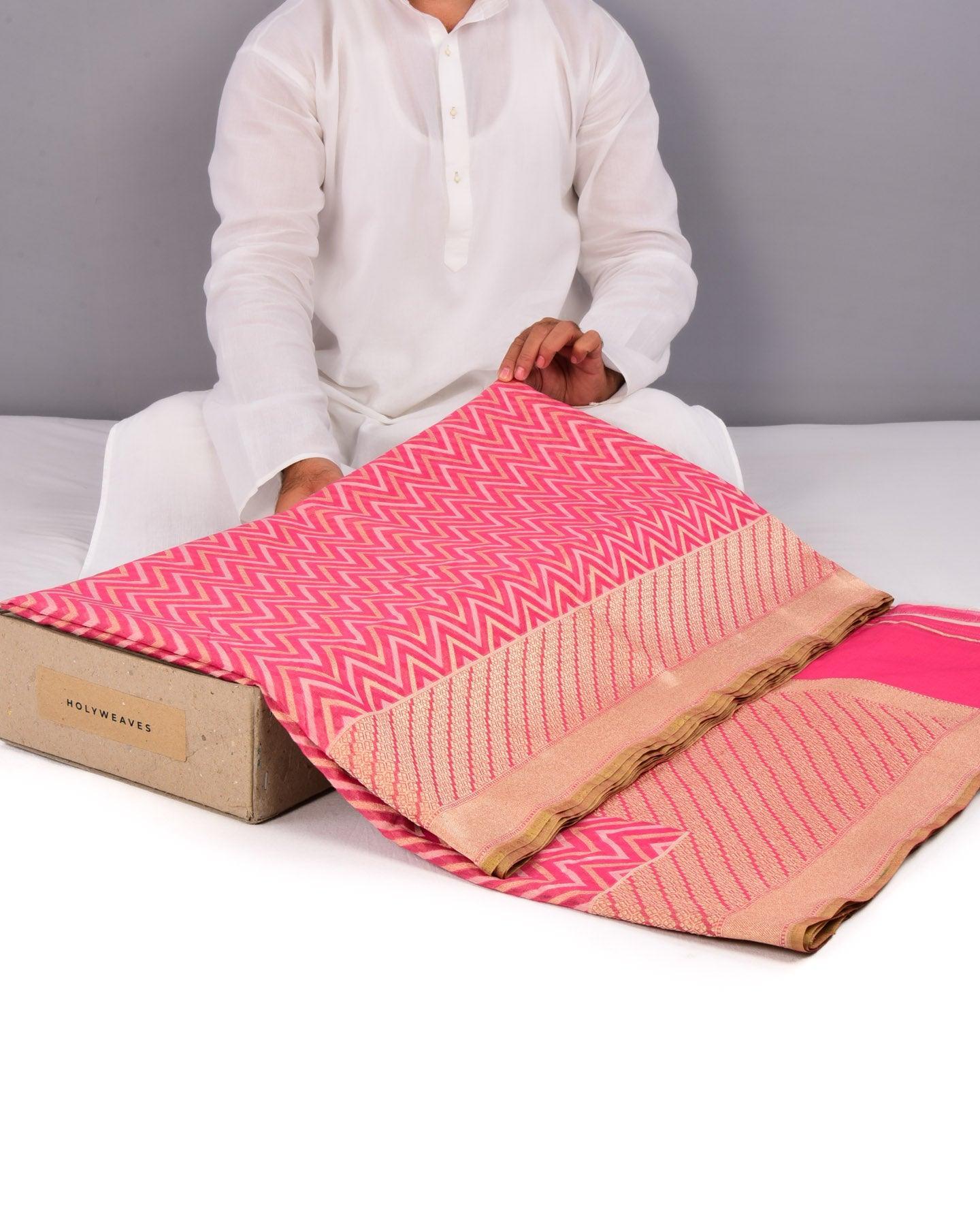 Pink Banarasi Chevron Zig-Zag Alfi Cutwork Brocade Handwoven Cotton Silk Saree - By HolyWeaves, Benares
