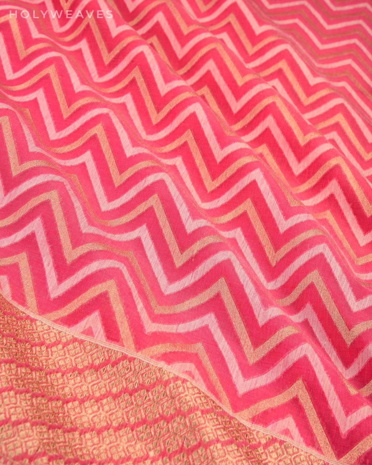Pink Banarasi Chevron Zig-Zag Alfi Cutwork Brocade Handwoven Cotton Silk Saree - By HolyWeaves, Benares
