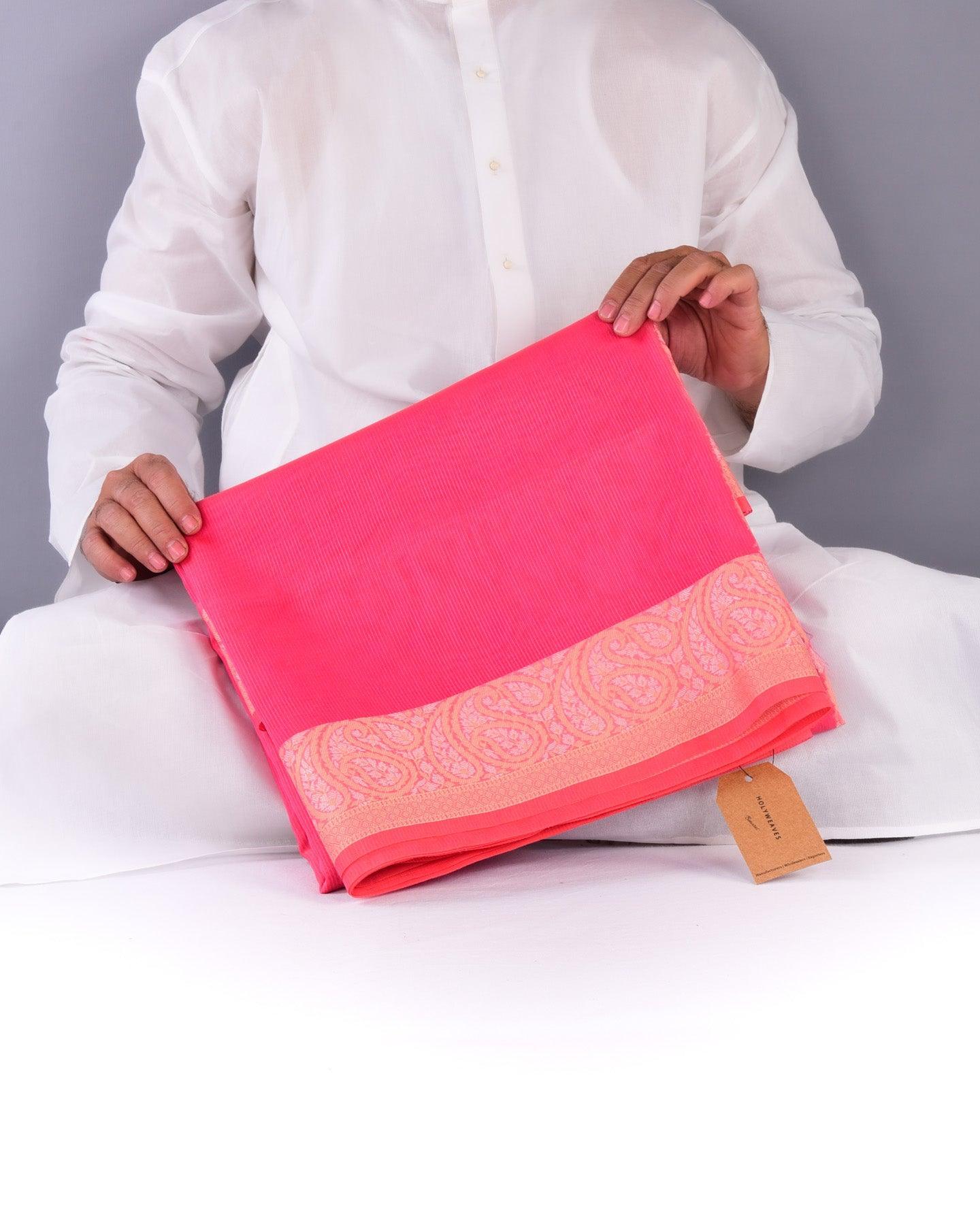 Pink Banarasi Cutwork Brocade Woven Art Cotton Silk Saree with Resham Kairi Border Pallu - By HolyWeaves, Benares
