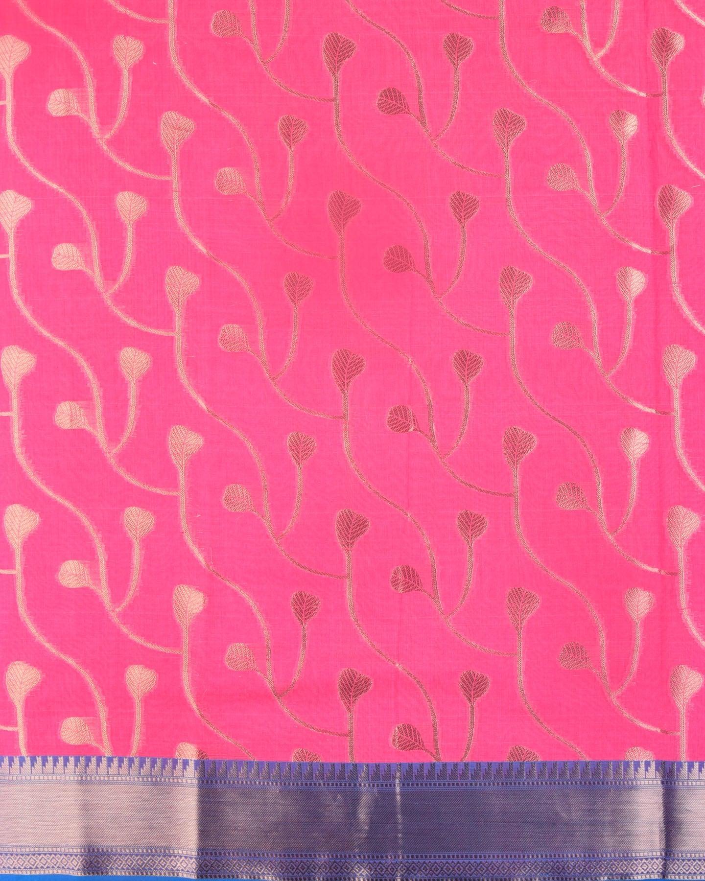 Pink Banarasi Cutwork Brocade Woven Cotton Silk Saree with Ferozi Border - By HolyWeaves, Benares