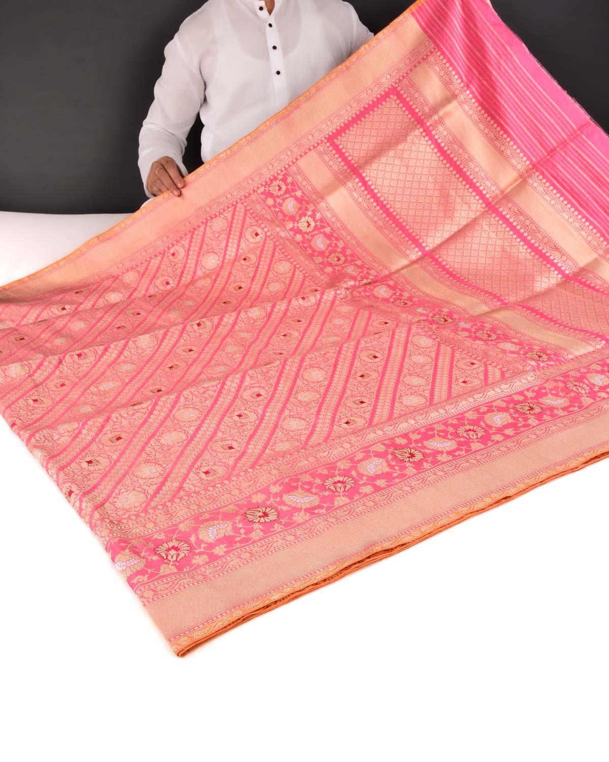 Pink Banarasi Diagonal Inlaid Stripes Kadhuan Brocade Handwoven Katan Silk Saree - By HolyWeaves, Benares