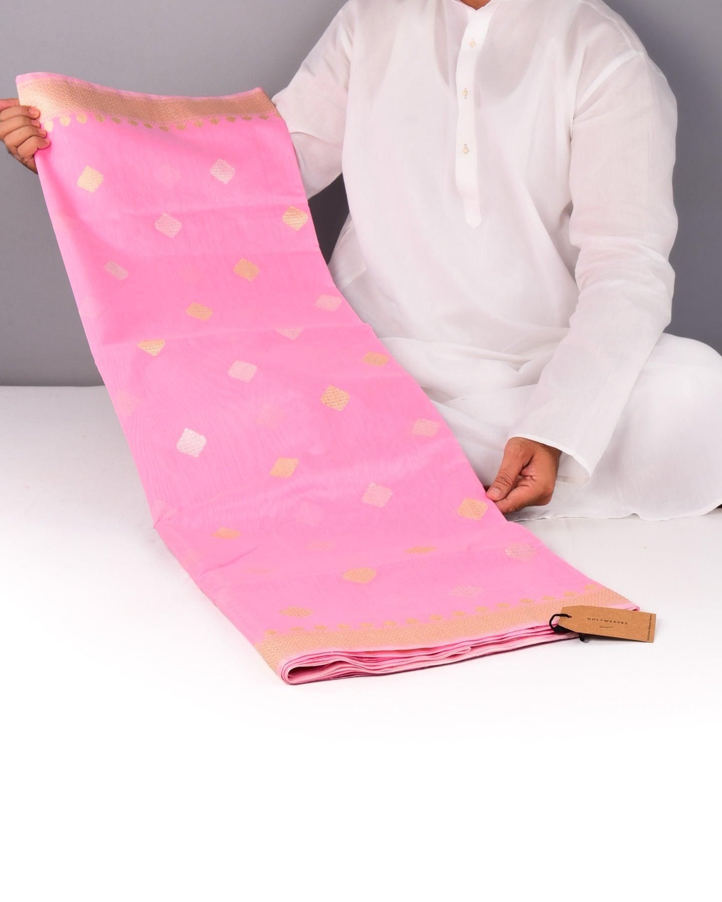 Pink Banarasi Diamond Buti Sona Rupa Kadhuan Brocade Handwoven Cotton Silk Saree with Koniya Buta - By HolyWeaves, Benares