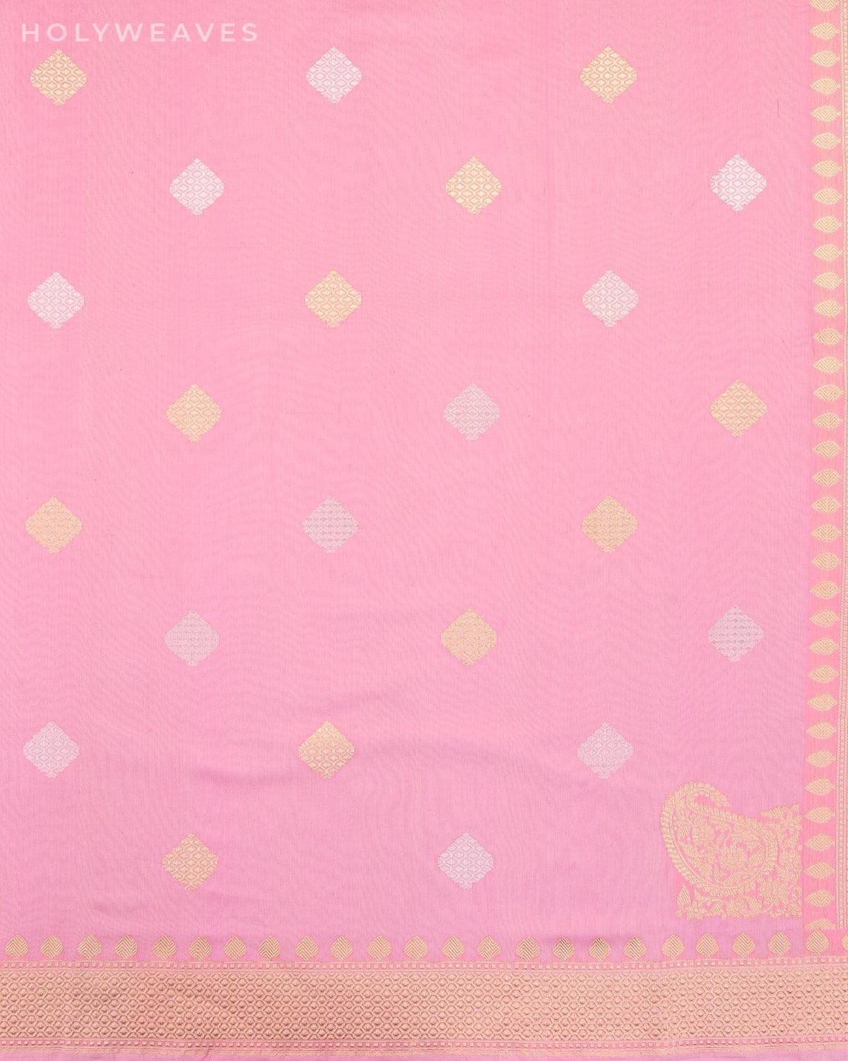 Pink Banarasi Diamond Buti Sona Rupa Kadhuan Brocade Handwoven Cotton Silk Saree with Koniya Buta - By HolyWeaves, Benares