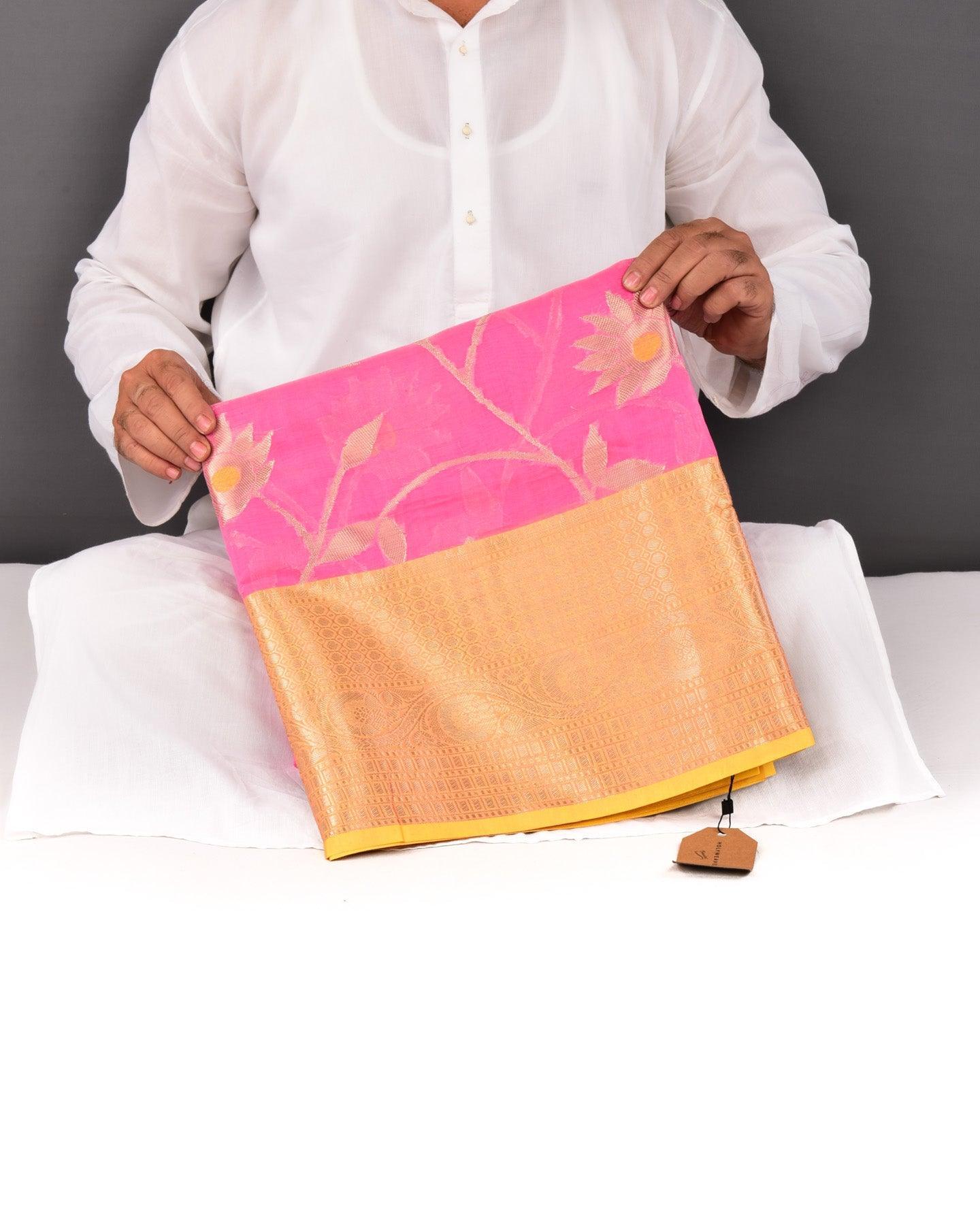 Pink Banarasi Floral Jaal Cutwork Brocade Woven Cotton Silk Saree - By HolyWeaves, Benares