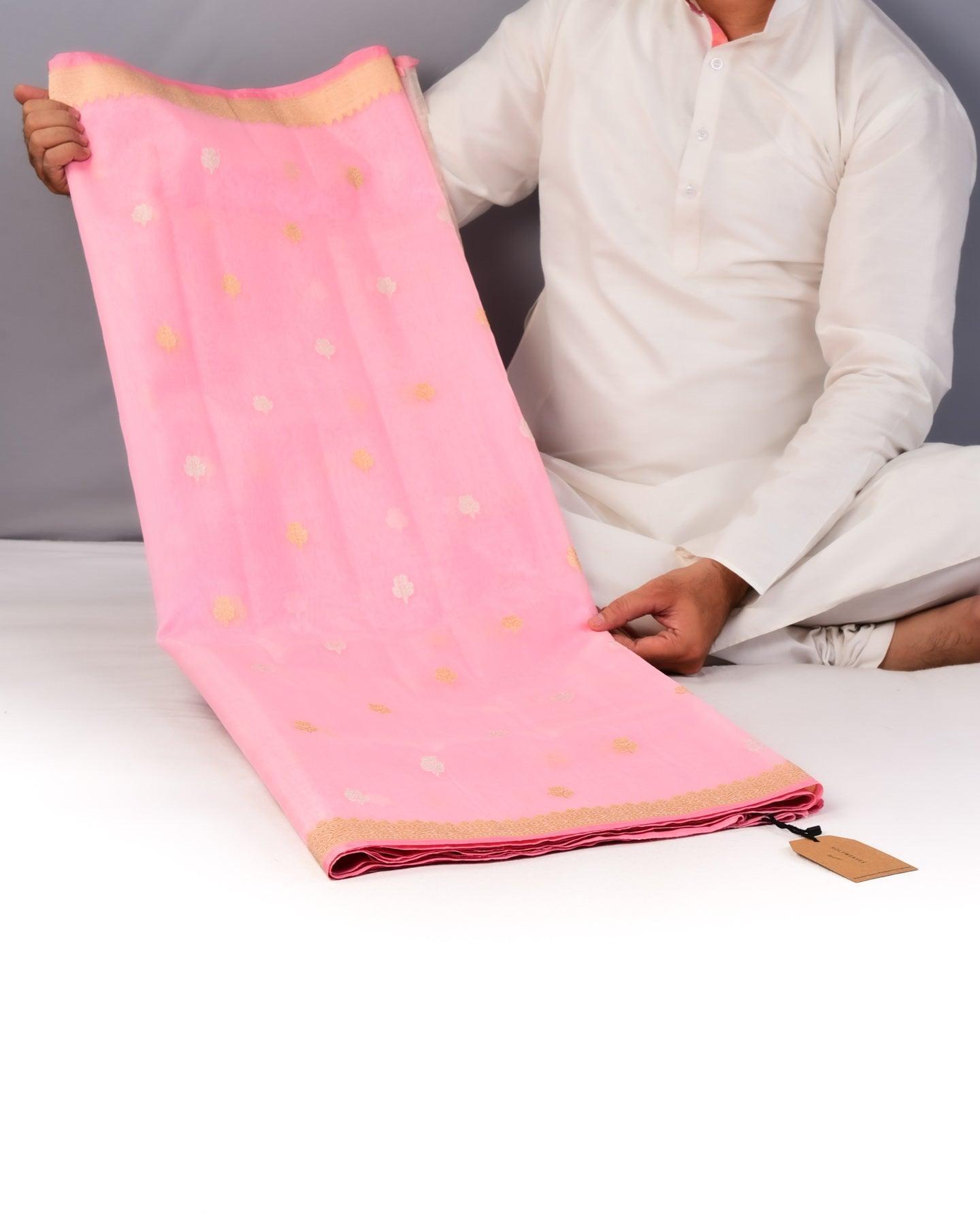 Pink Banarasi Gold & Silver Buti Kadhuan Brocade Handwoven Kora Silk Saree - By HolyWeaves, Benares