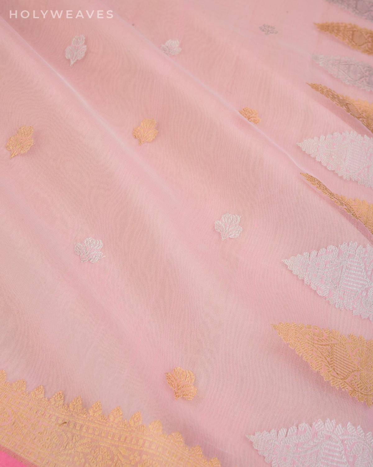 Pink Banarasi Gold & Silver Buti Kadhuan Brocade Handwoven Kora Silk Saree - By HolyWeaves, Benares