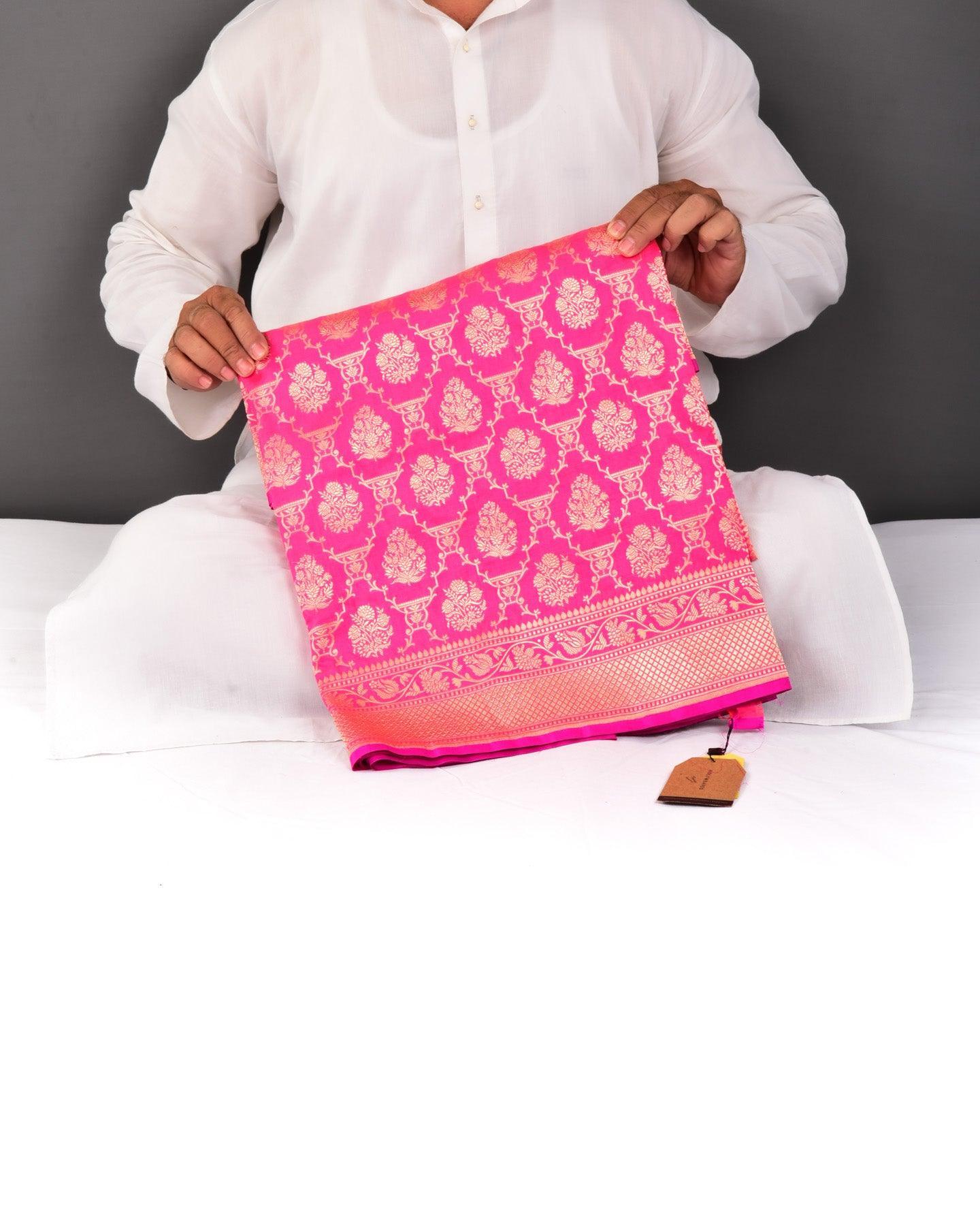 Pink Banarasi Gold Zari Jangla Cutwork Brocade Handwoven Katan Silk Saree - By HolyWeaves, Benares