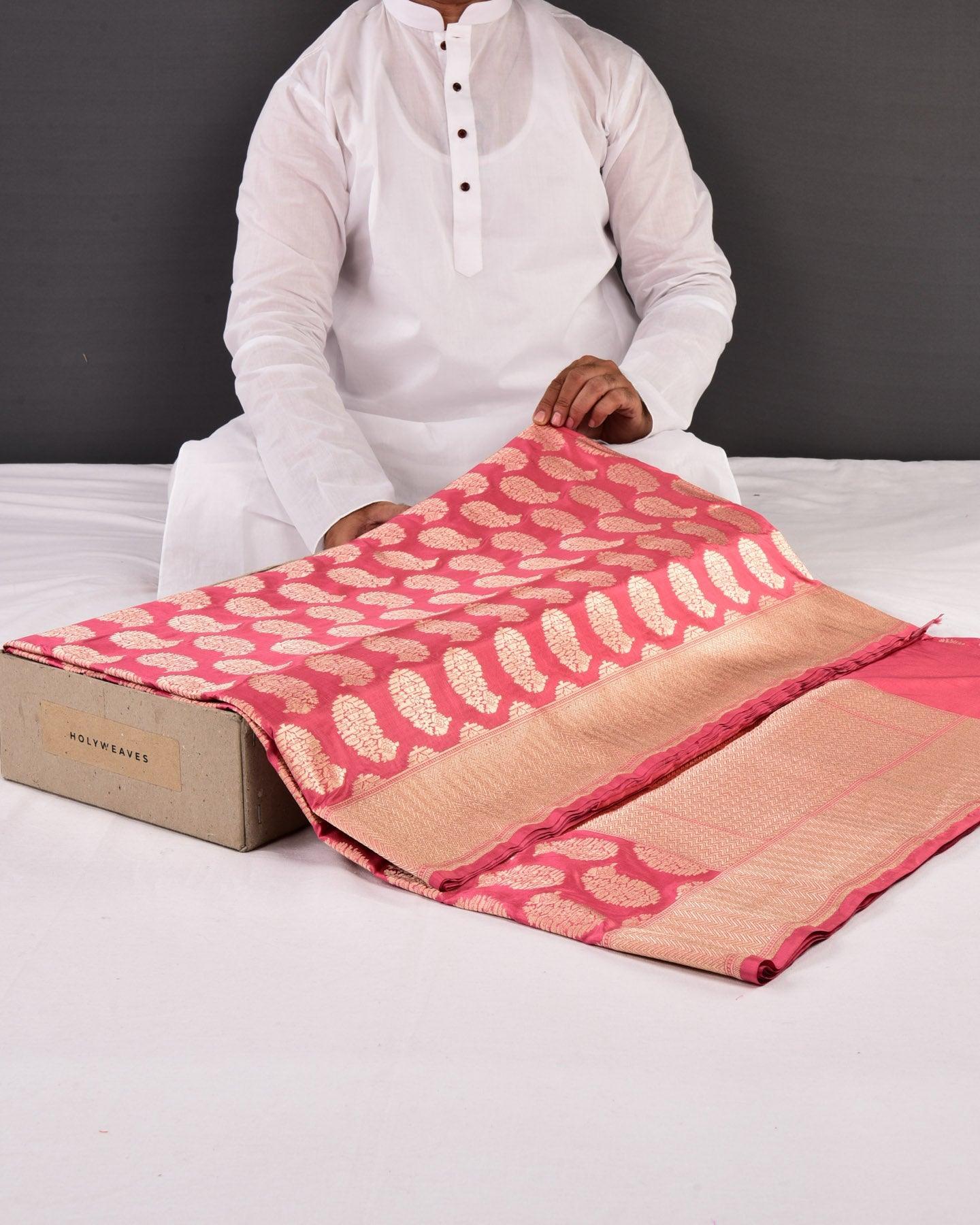 Pink Banarasi Gold Zari Kairi Buta Cutwork Handwoven Katan Silk Saree - By HolyWeaves, Benares