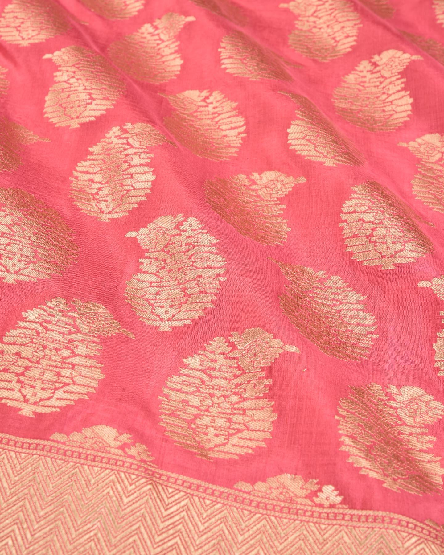 Pink Banarasi Gold Zari Kairi Buta Cutwork Handwoven Katan Silk Saree - By HolyWeaves, Benares