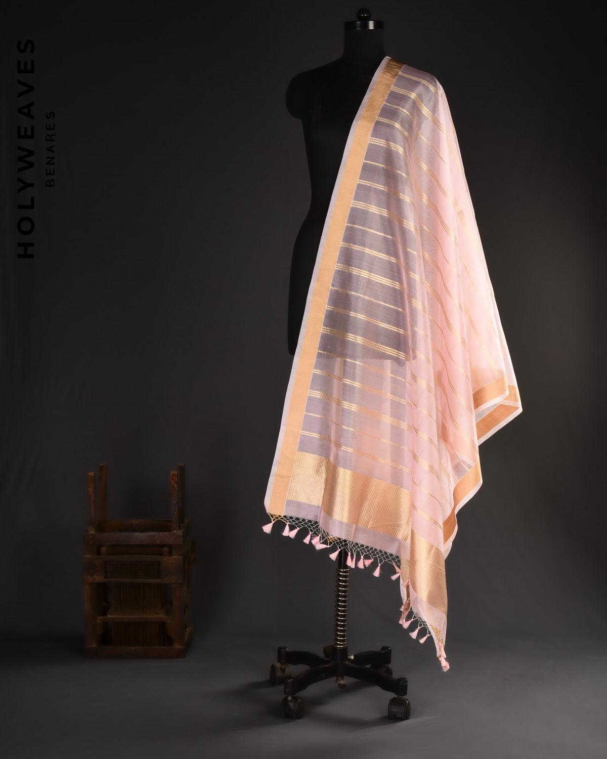 Pink Banarasi Golden Stripes Brocade Woven Kora Silk Dupatta - By HolyWeaves, Benares