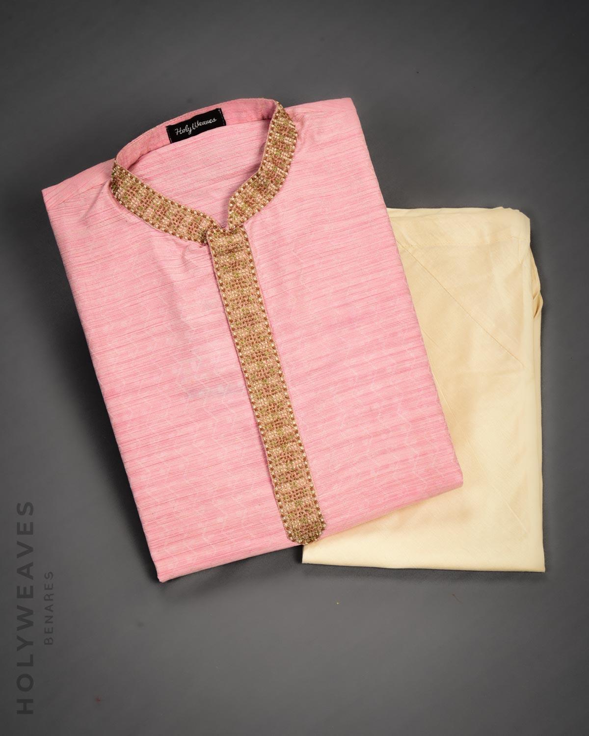 Pink Banarasi Hand-embroidered Cotton Silk Mens Kurta Pyjama - By HolyWeaves, Benares
