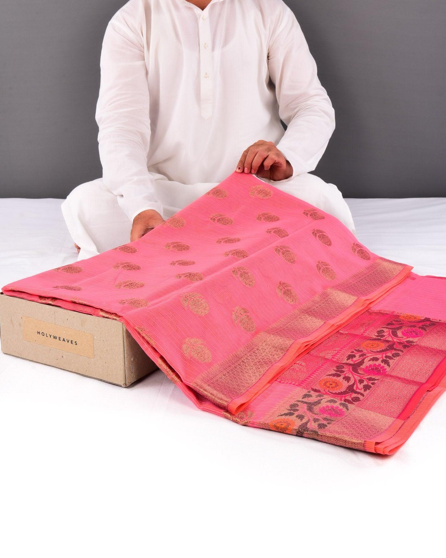 Pink Banarasi Kota Check Texture Antique Zari Buta Cutwork Brocade Woven Cotton Silk Saree with Meena Bel Brocade Border - By HolyWeaves, Benares