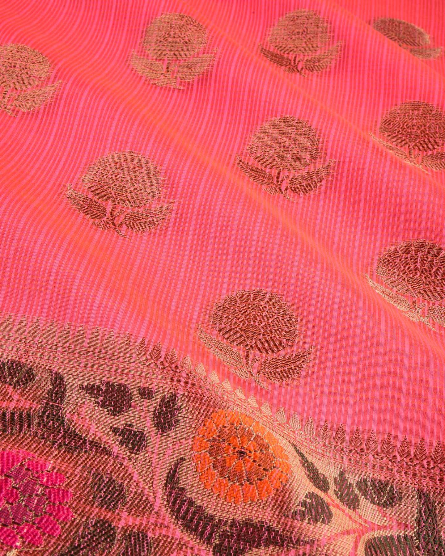 Pink Banarasi Kota Check Texture Antique Zari Buta Cutwork Brocade Woven Cotton Silk Saree with Meena Bel Brocade Border - By HolyWeaves, Benares