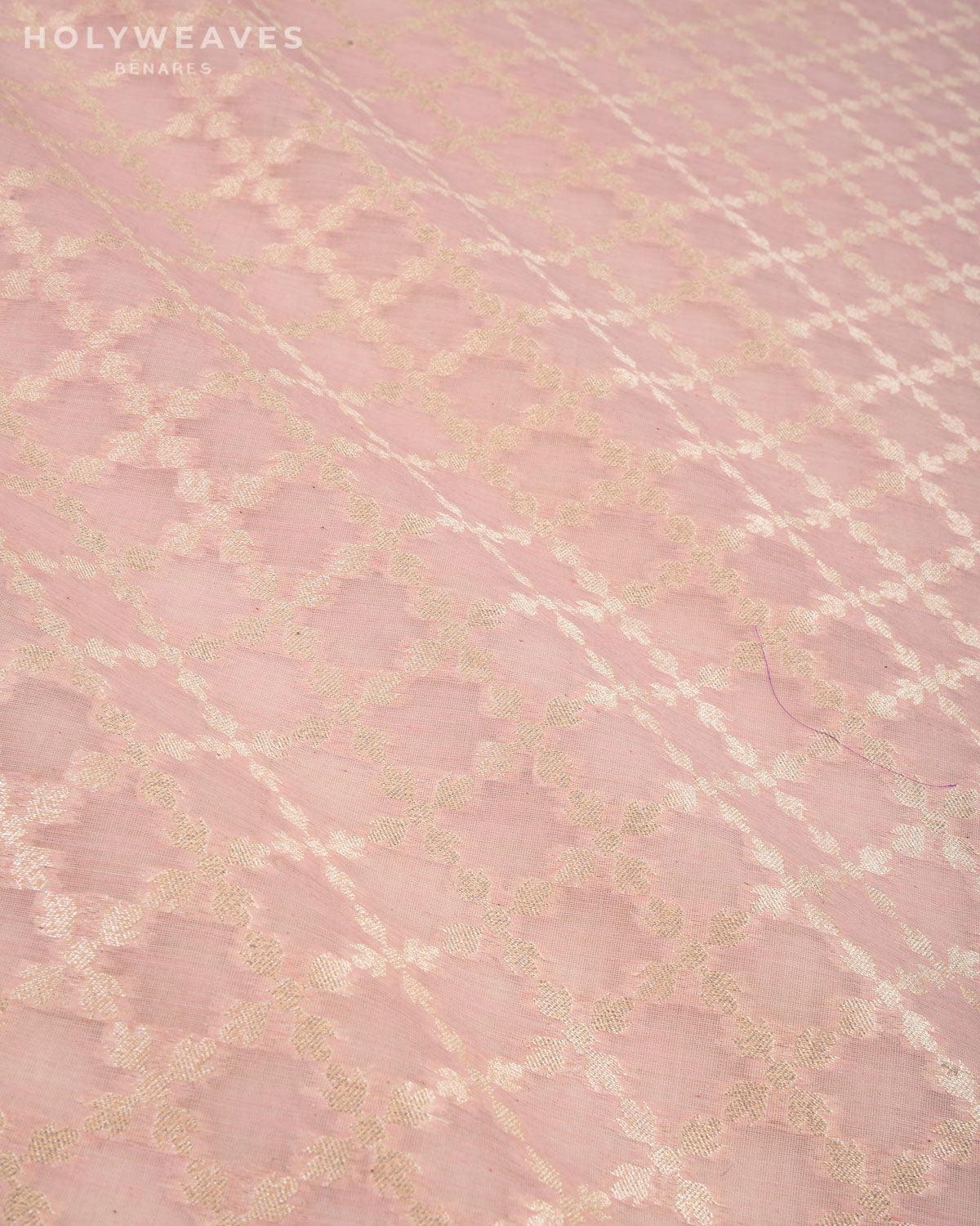 Pink Banarasi Light Gold Jangla Cutwork Brocade Handwoven Cotton Silk Fabric - By HolyWeaves, Benares