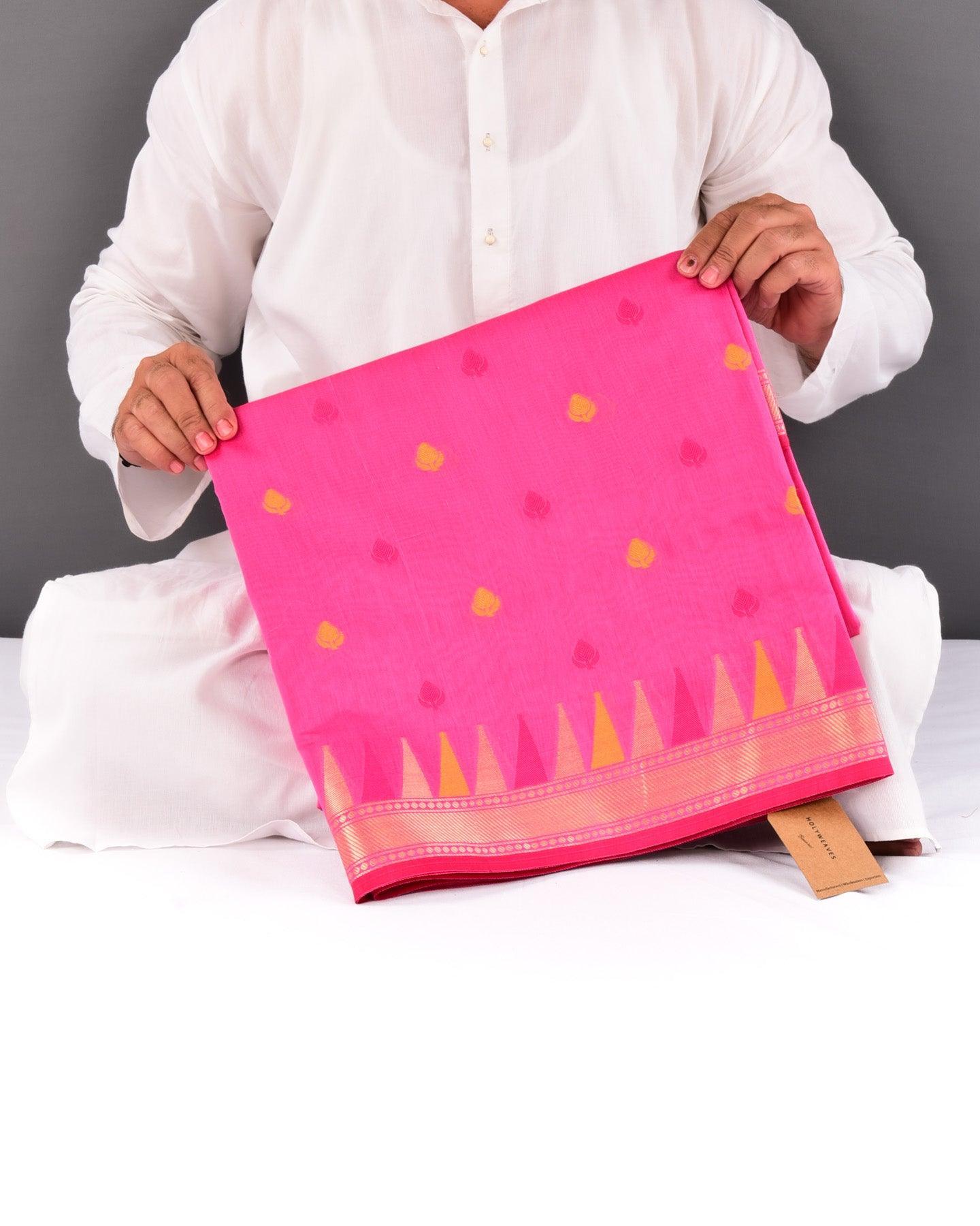 Pink Banarasi Resham Buti Cutwork Brocade Woven Cotton Silk Saree with Temple Border - By HolyWeaves, Benares