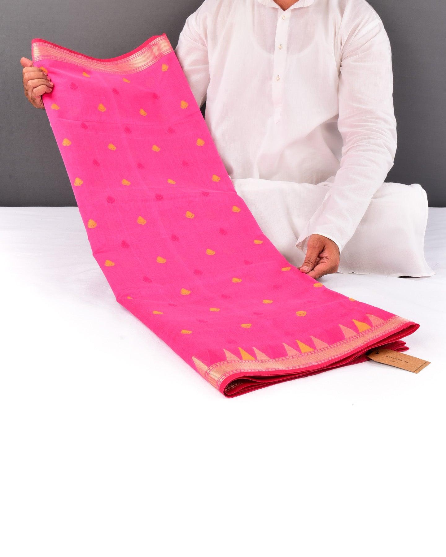 Pink Banarasi Resham Buti Cutwork Brocade Woven Cotton Silk Saree with Temple Border - By HolyWeaves, Benares