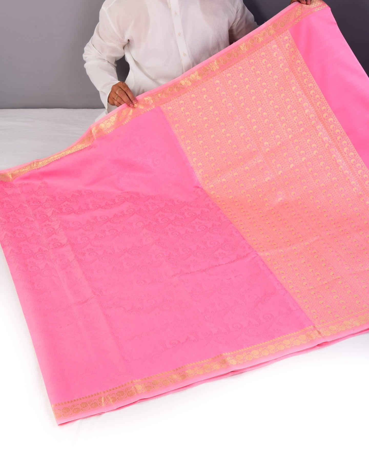 Pink Banarasi Resham Tanchoi Woven Art Silk Saree with Brocade Border - By HolyWeaves, Benares