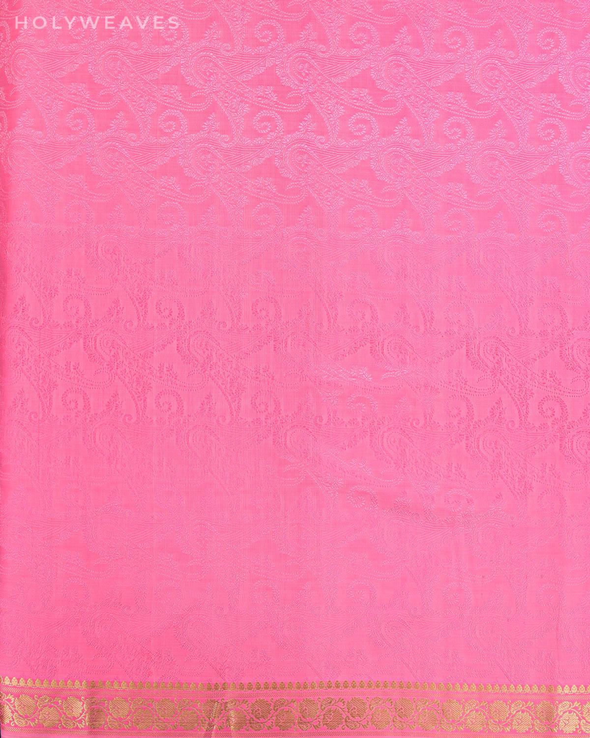Pink Banarasi Resham Tanchoi Woven Art Silk Saree with Brocade Border - By HolyWeaves, Benares