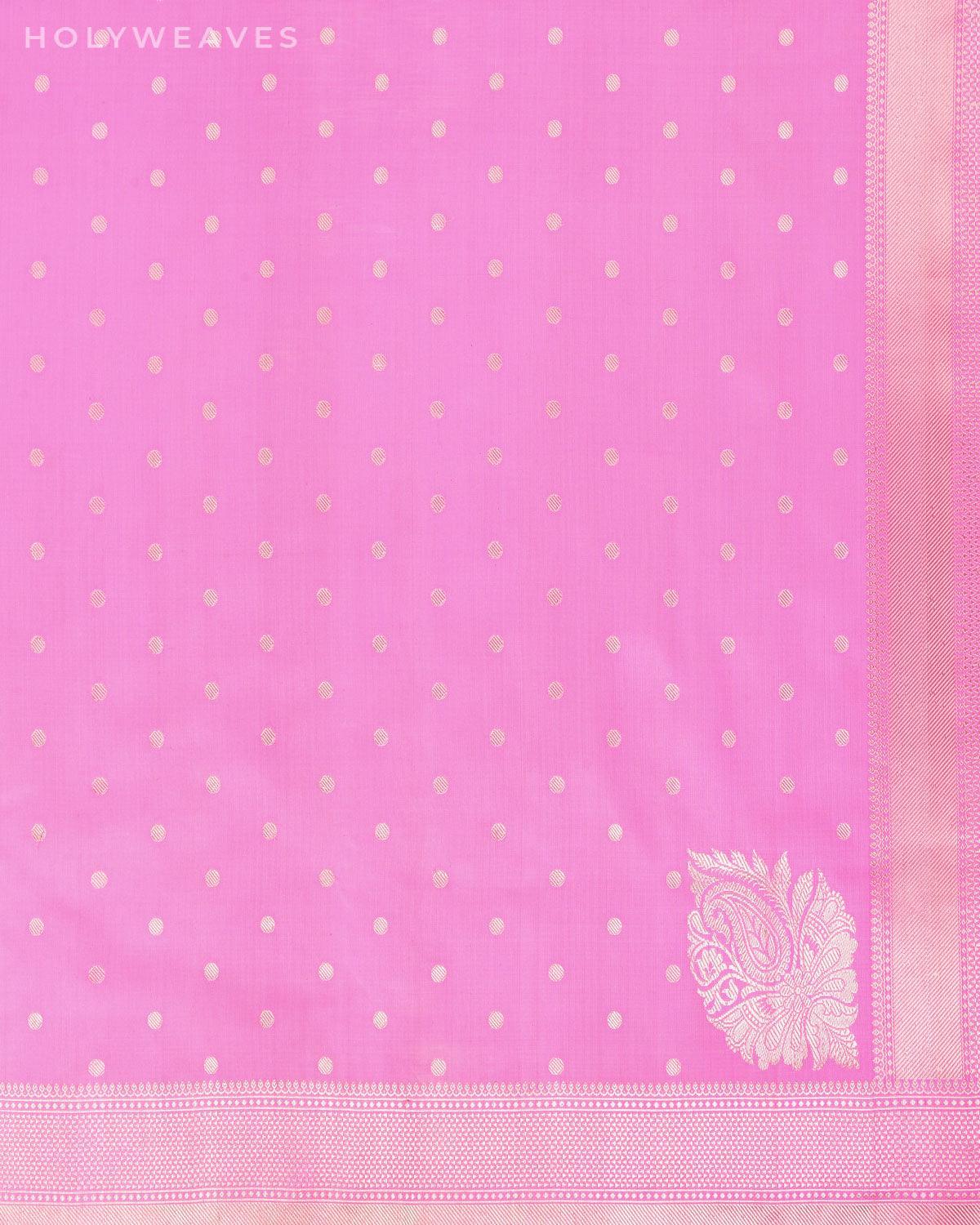 Pink Banarasi Silver Polka Buti Cutwork Brocade Handwoven Katan Silk Saree with Koniya Kairi Buta - By HolyWeaves, Benares