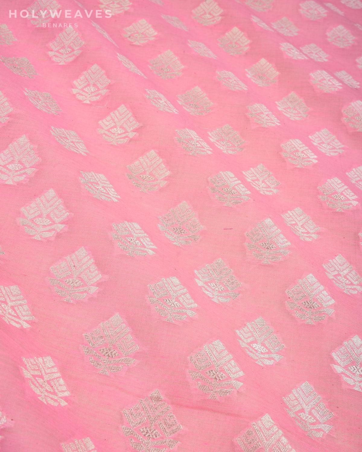 Pink Banarasi Silver Zari Buti Cutwork Brocade Handwoven Cotton Silk Fabric - By HolyWeaves, Benares